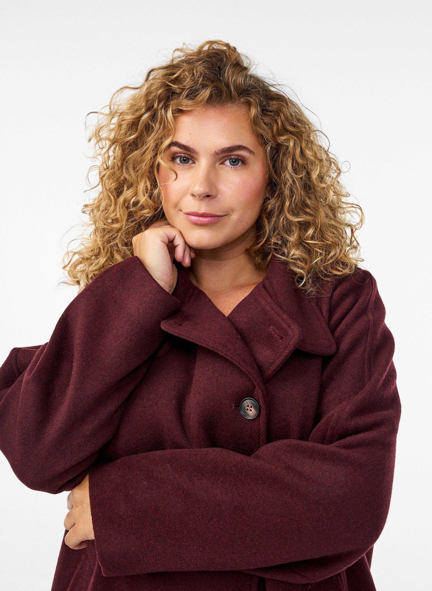 Zizzi Manteau en laine avec col montant, Bordeaux, Model image number 3