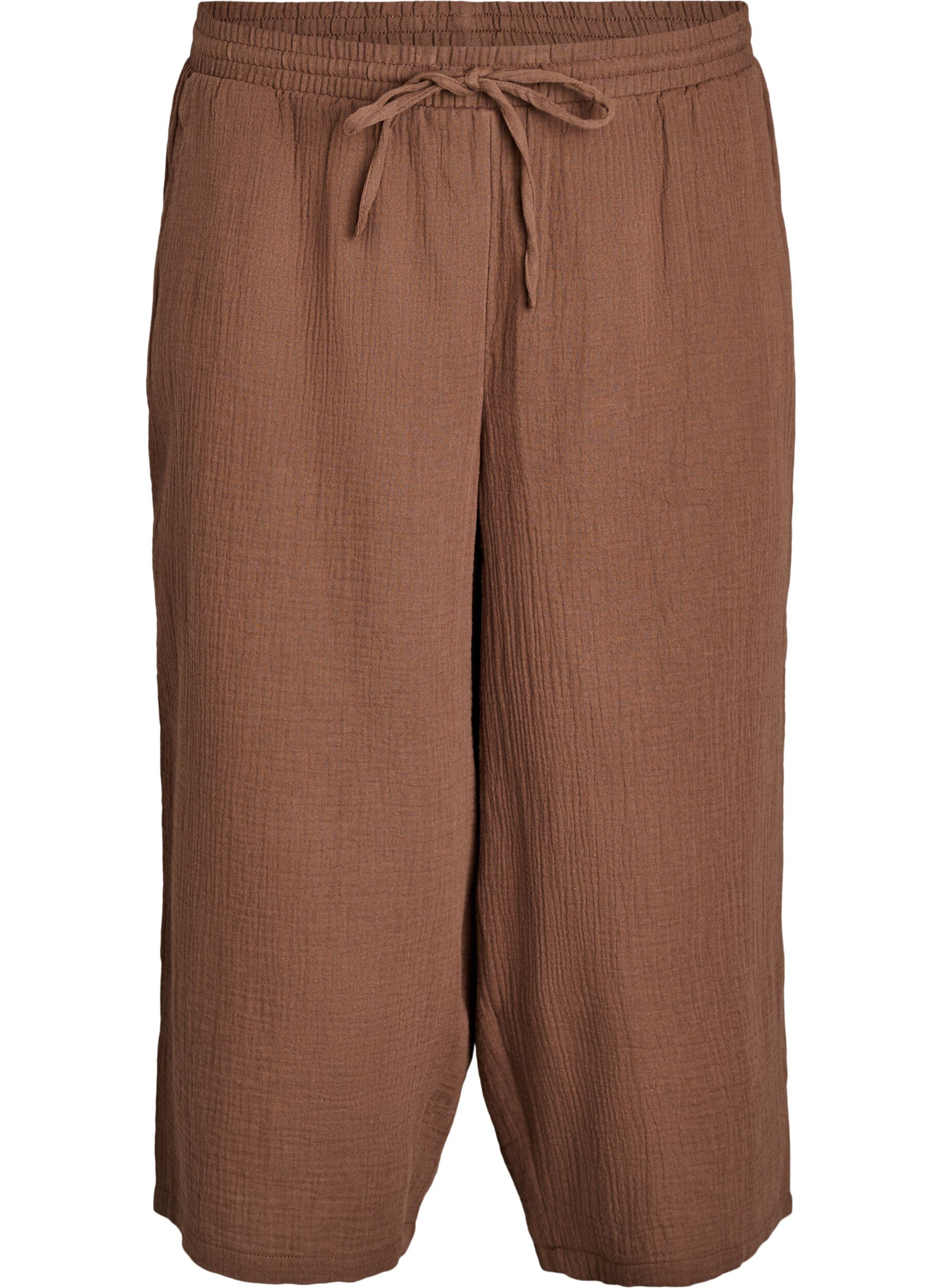 Zizzi Culotte-Hose aus Baumwollmusselin mit hohem Bund, Braun, Packshot image number 0