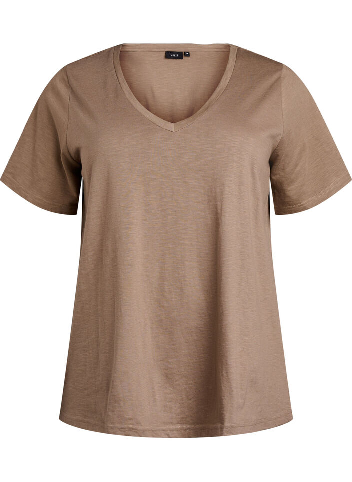 T-shirt basique &agrave; manches courtes avec col en V, Marron, Packshot image number 0
