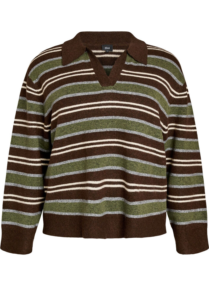 Strickbluse mit Streifen und Polokragen, Braun, Packshot