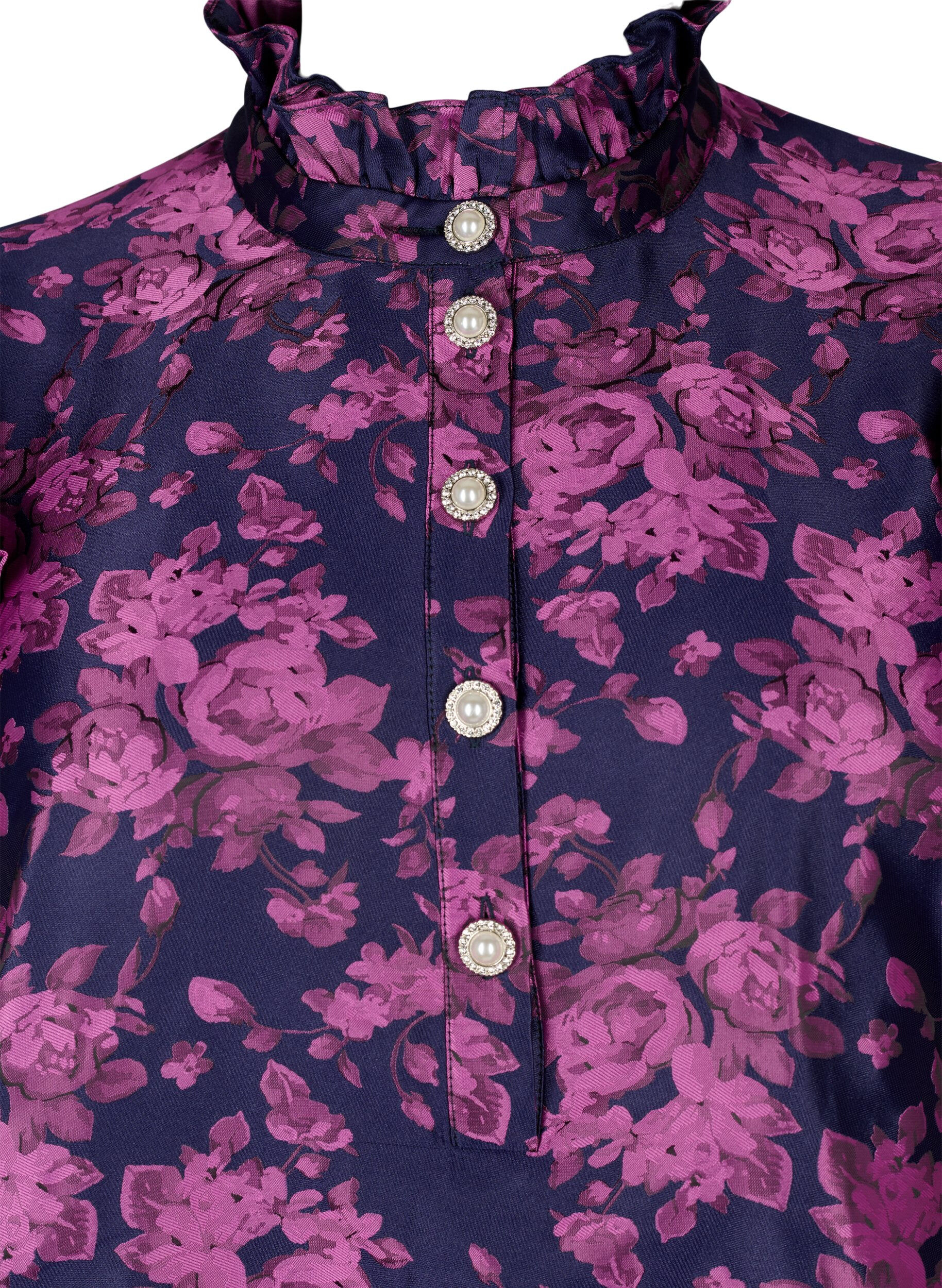 Zizzi Robe avec d&eacute;tail de volant et boutons de perles, Dark Blue Pink, Packshot image number 2
