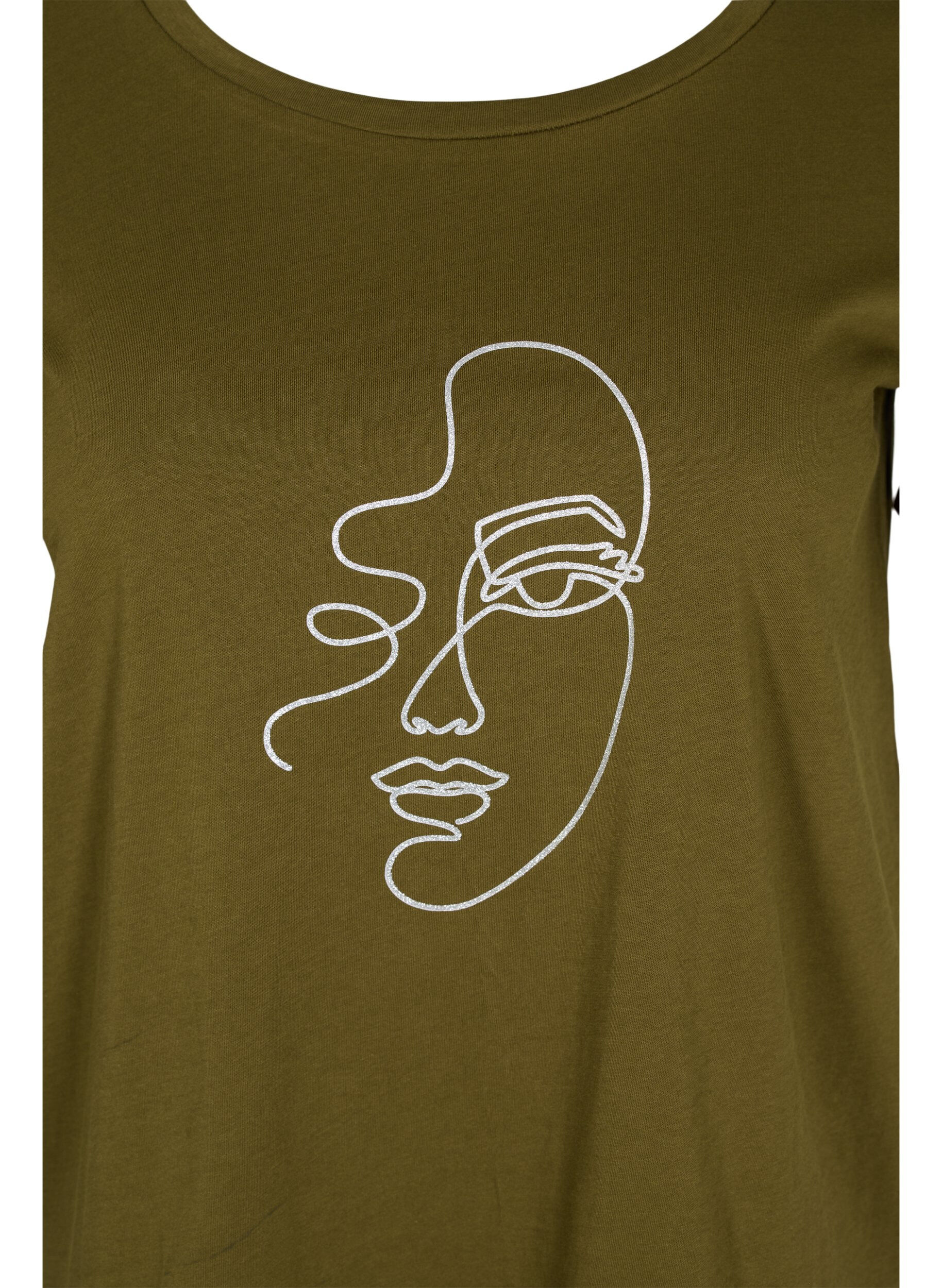 Zizzi T-shirt en coton avec imprim&eacute; scintillant, Ivy G. Shimmer Face, Packshot image number 2