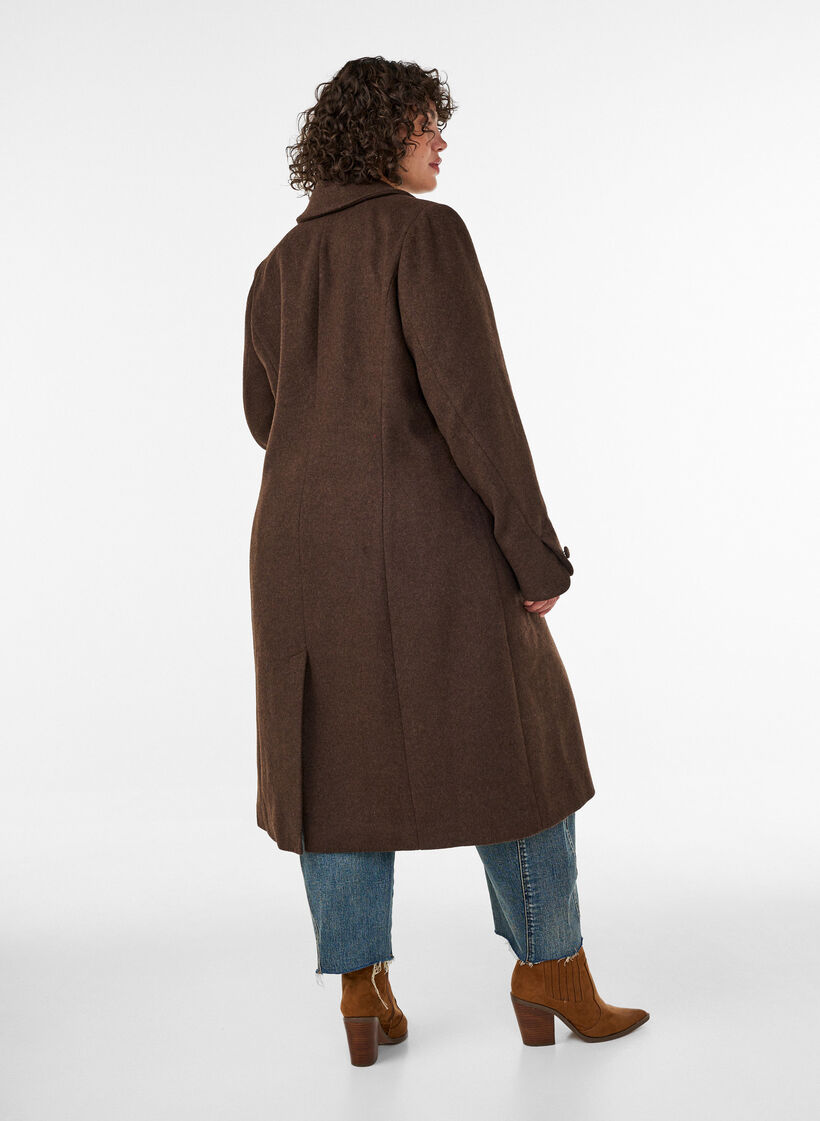 Manteau en m&eacute;lange de laine avec revers et boutons, Marron, Model