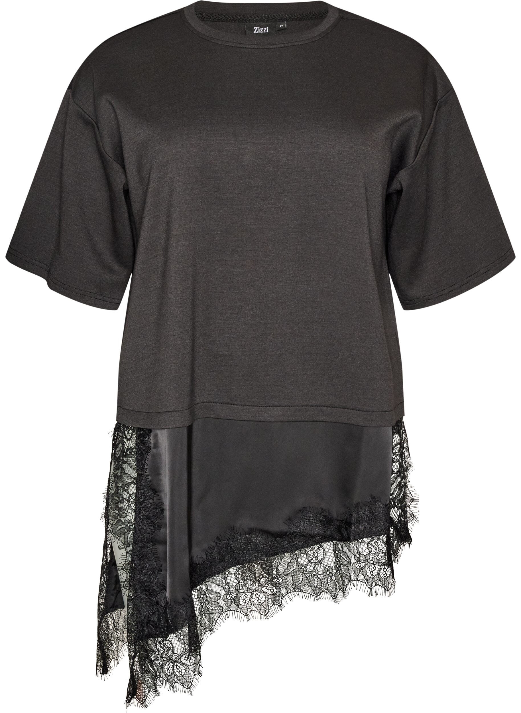 ZizziJerseybluse im Lagenlook mit Spitze, Schwarz, Packshot image number 0