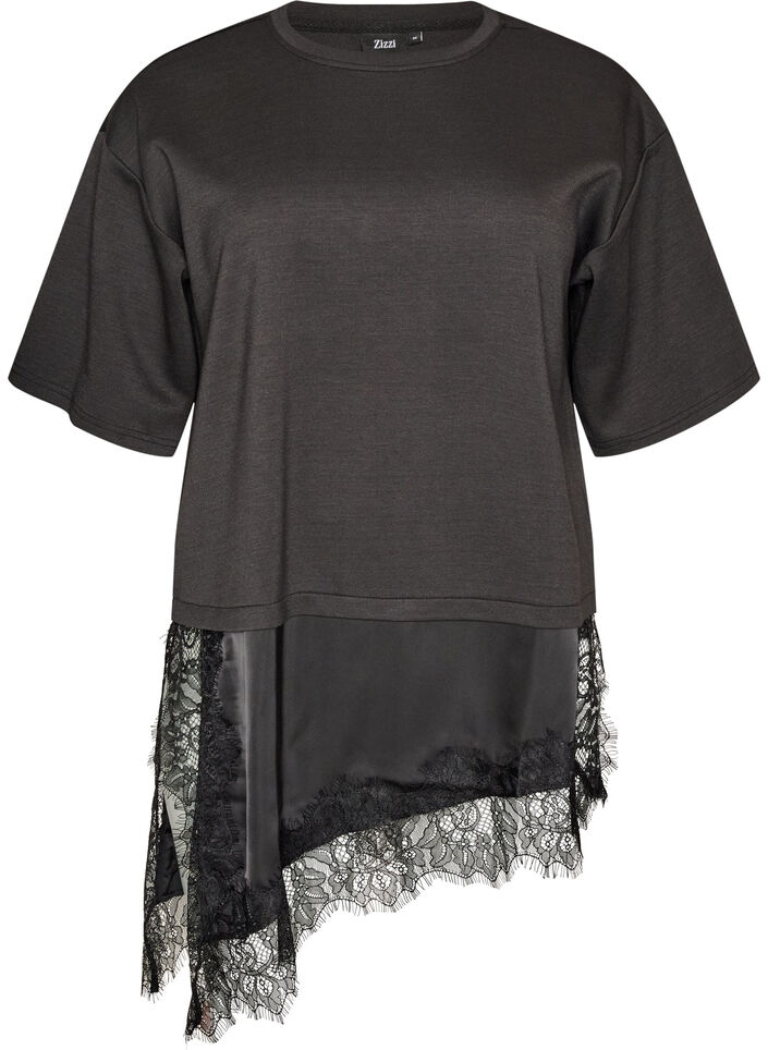 Jerseybluse im Lagenlook mit Spitze, Schwarz, Packshot image number 0