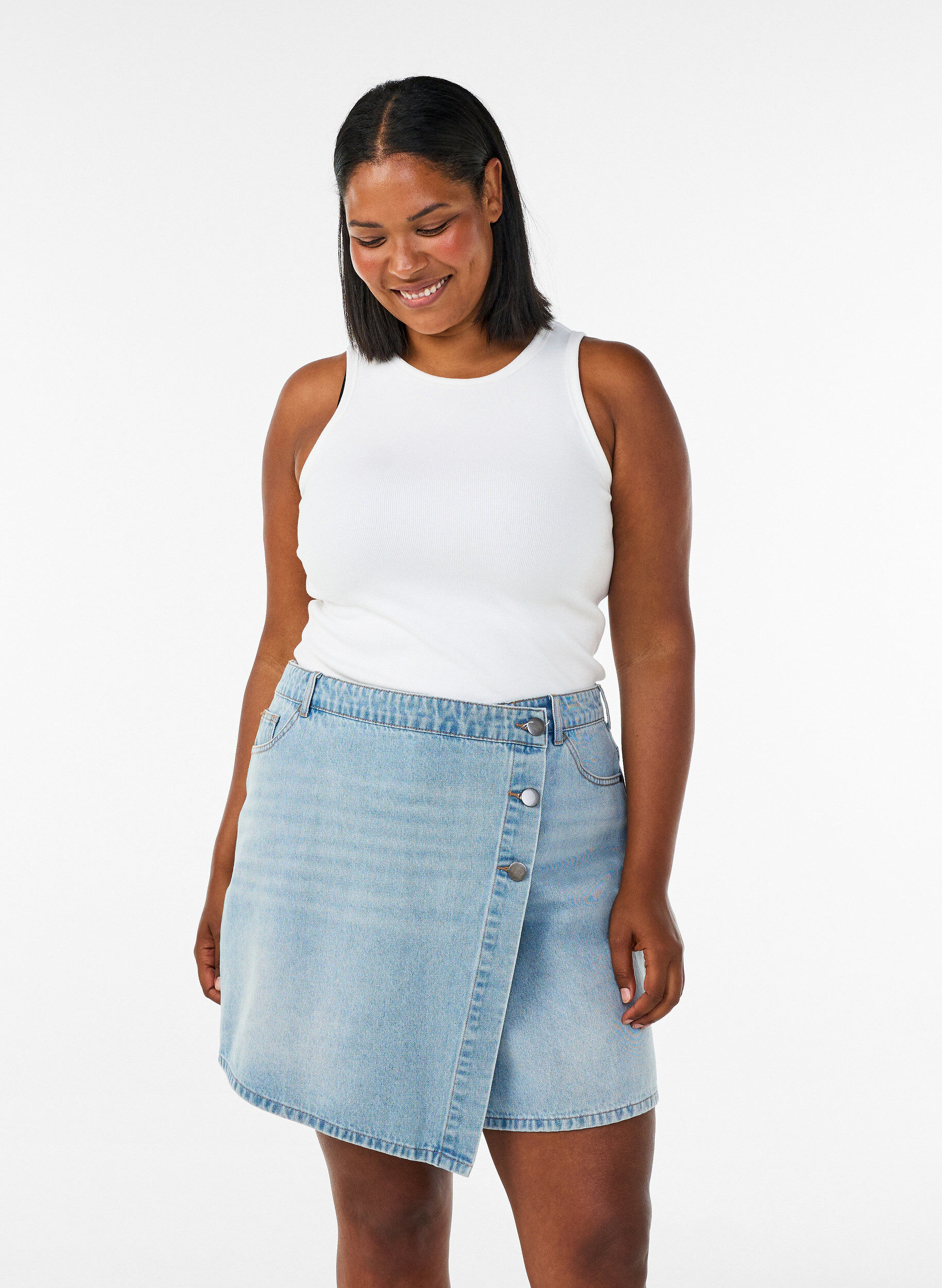 Short en denim effet portefeuille et taille haute, Bleu Clair, Model