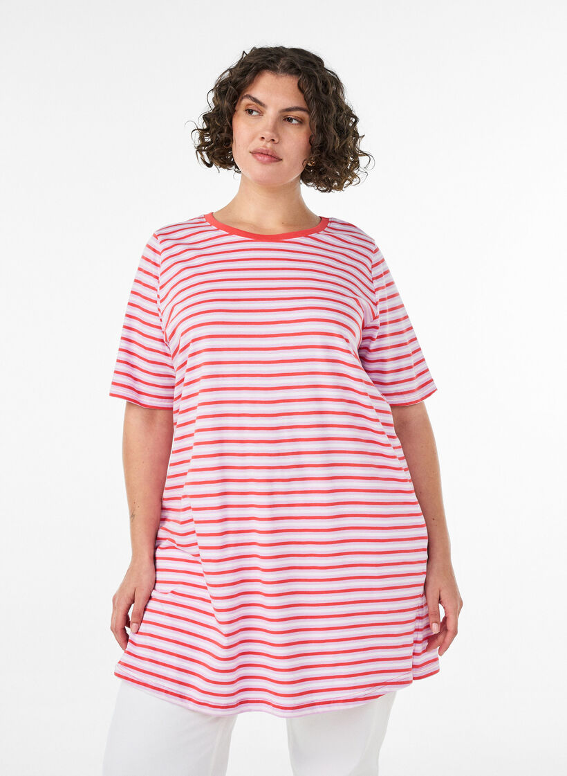 T-shirt long oversize ray&eacute; en coton bio, Violet, Model image number 0