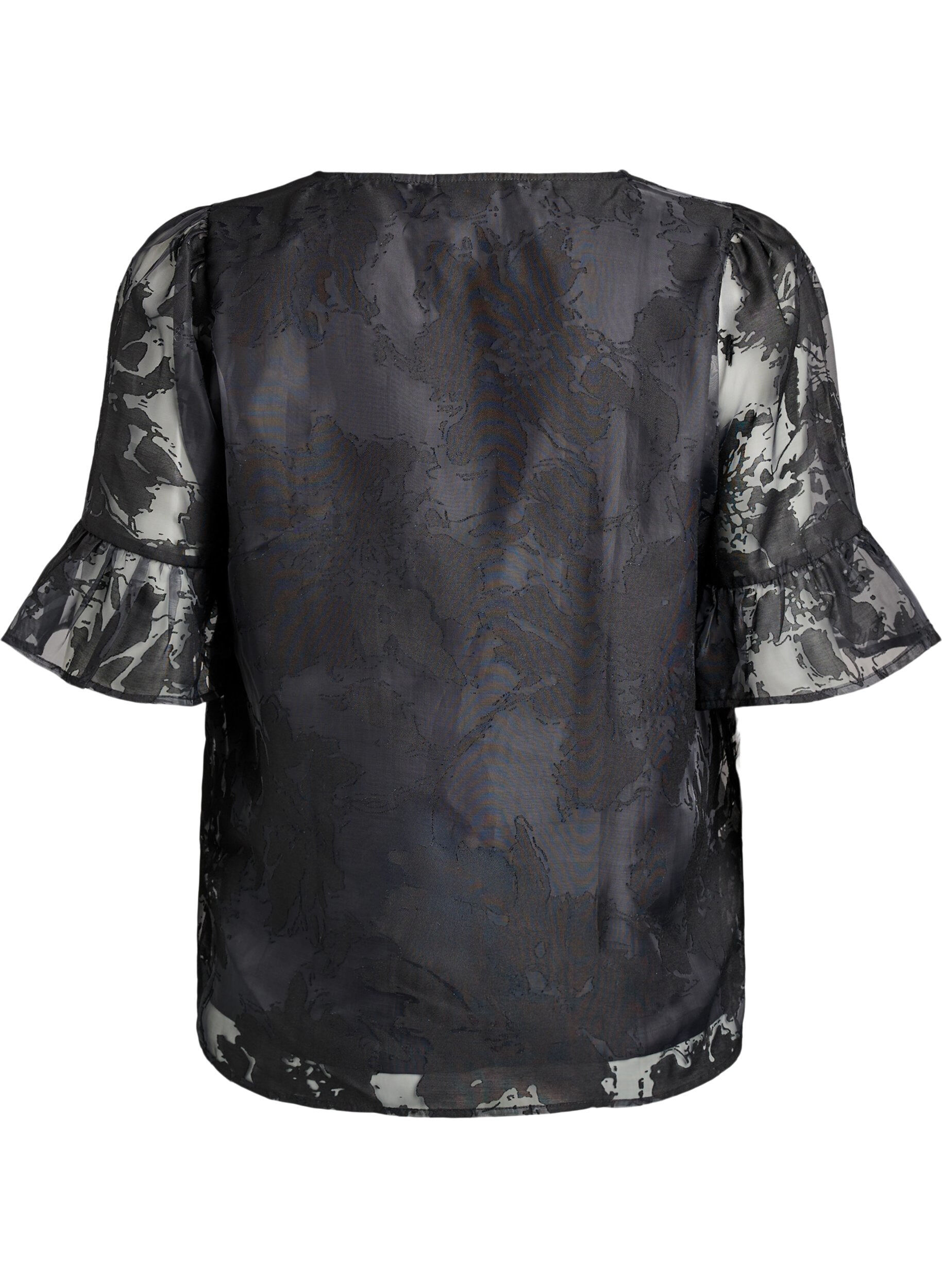 Zizzi Partybluse in Organza-Optik mit Ton-in-Ton-Muster, Schwarz, Packshot image number 1