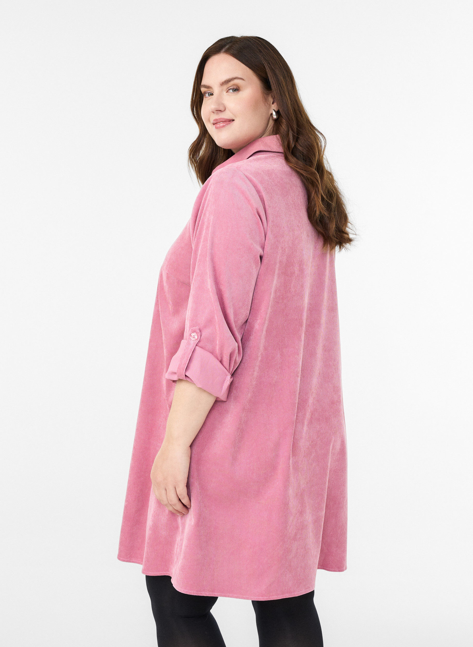 Zizzi Robe en velours c&ocirc;tel&eacute; avec zip et manches 3/4, Rose, Model image number 2