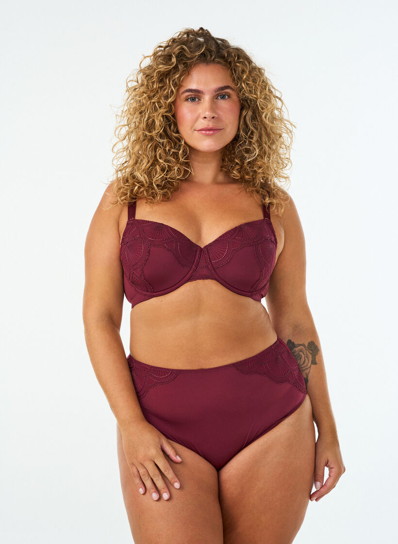 Culotte avec maille et finitions en dentelle brod&eacute;e, Bordeaux, Model image number 0