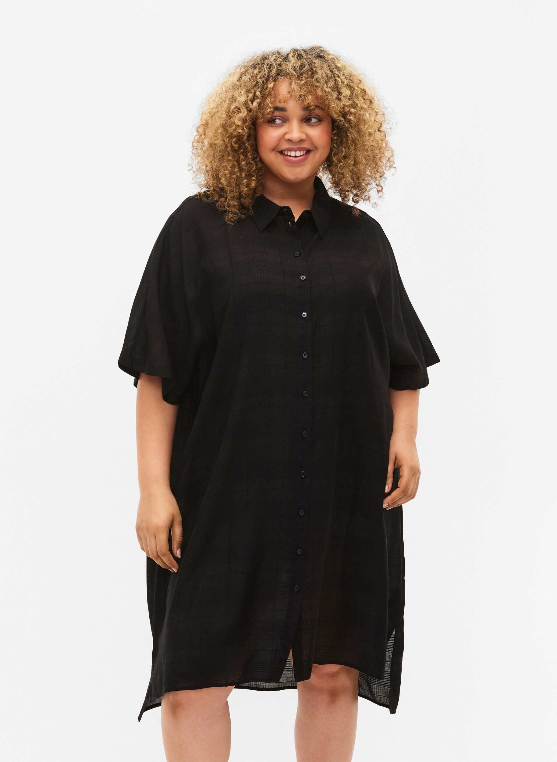 Zizzi Chemise longue en viscose avec structure, Black, Model image number 0