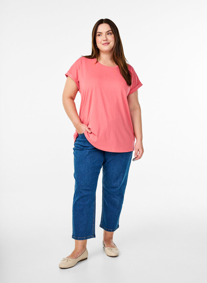 T-shirt &agrave; manches courtes en m&eacute;lange de coton, Rose, Model image number 1