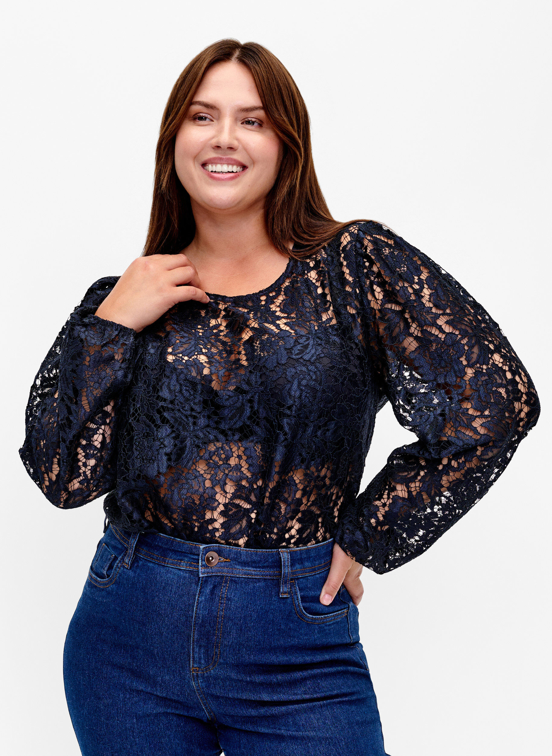 Zizzi FLASH &ndash; Blouse en dentelle &agrave; manches longues, Sky Captain, Model image number 0