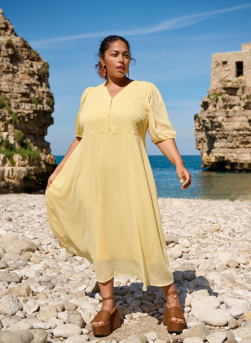 Robe midi &agrave; encolure en V avec attaches &agrave; nouer, Jaune clair, Image image number 0