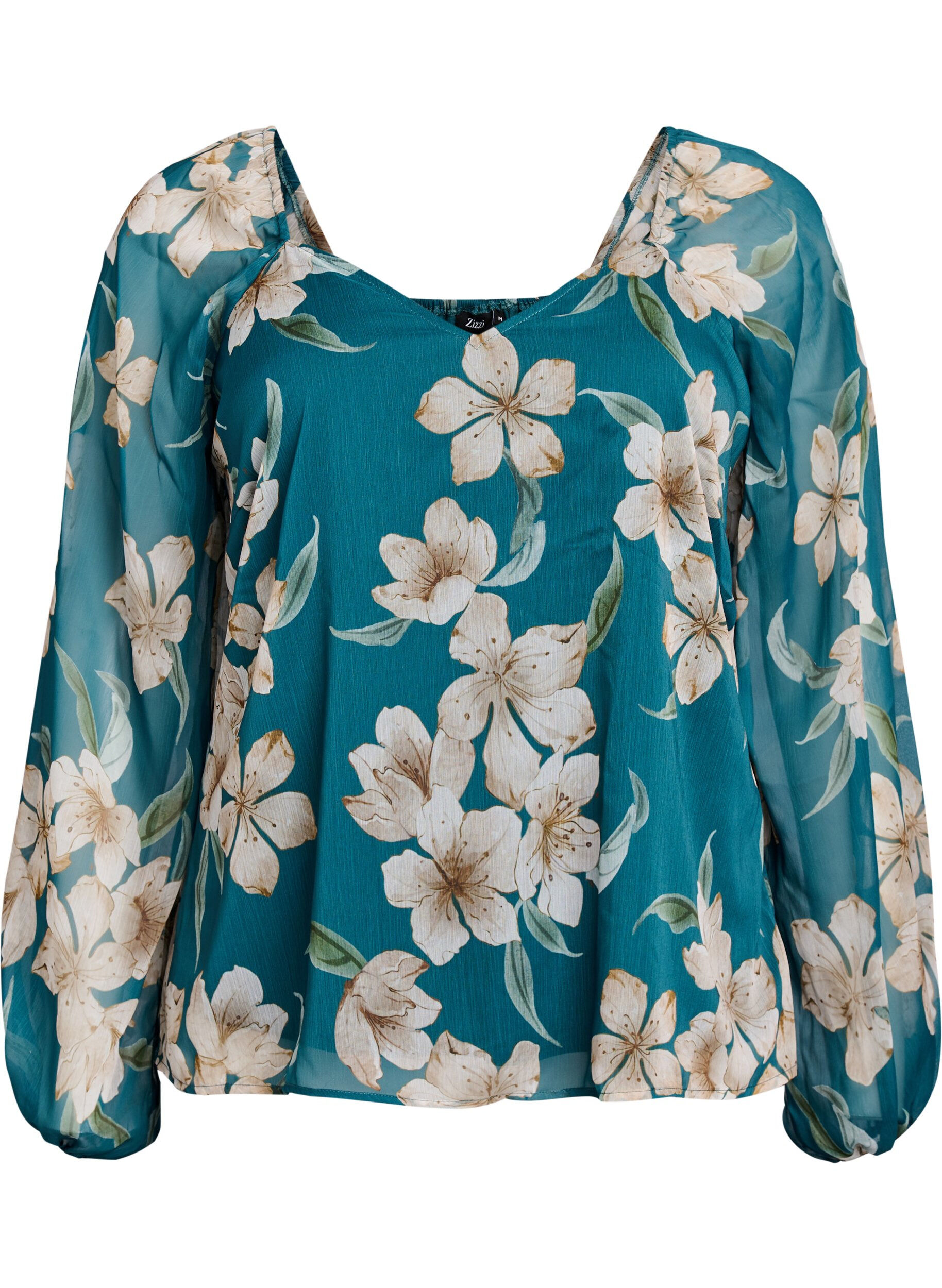 Zizzi Bluse aus Chiffon mit gebl&uuml;mtem Print und langen &Auml;rmeln, Gr&uuml;n, Packshot image number 0