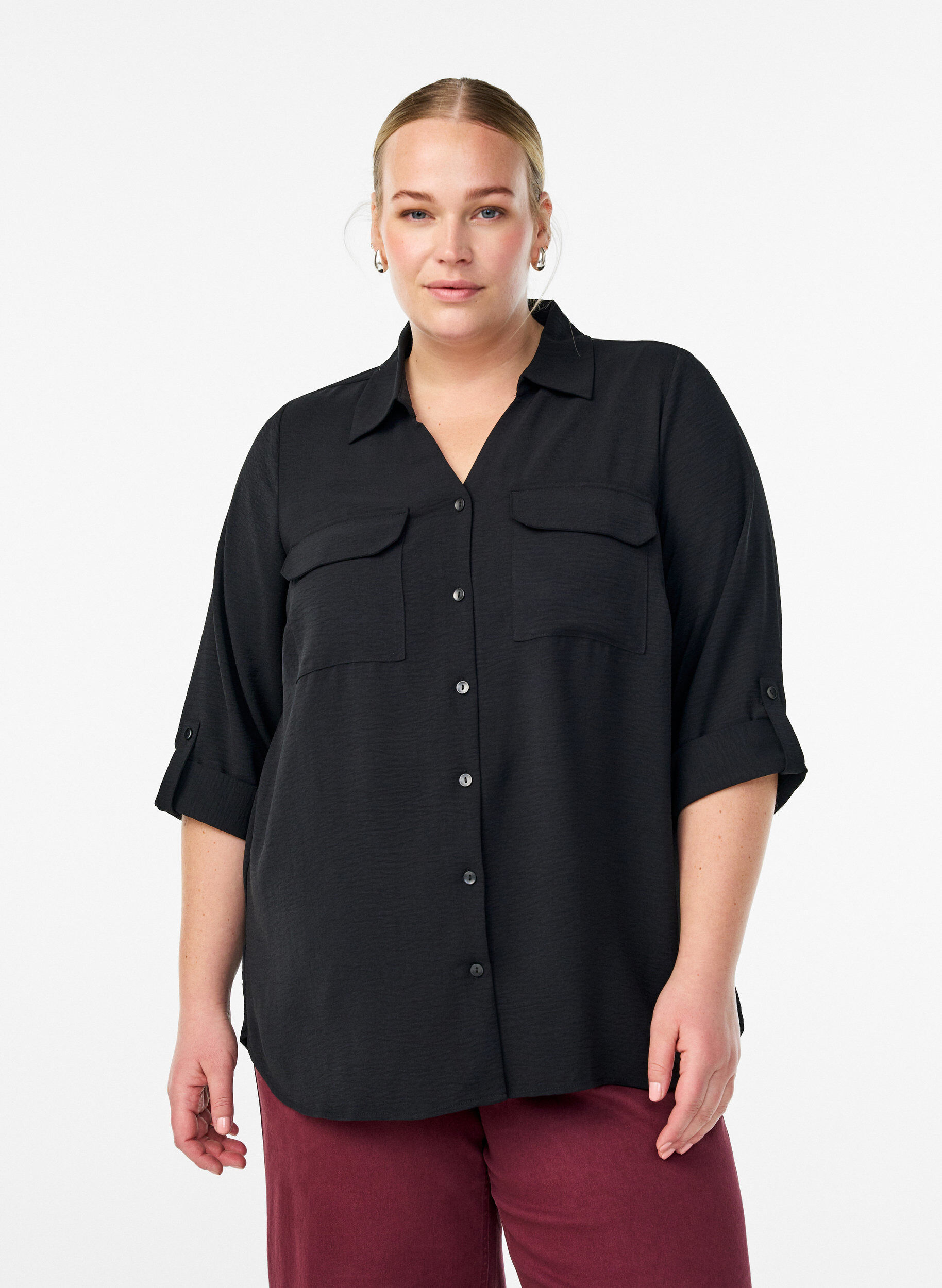 FLASH - Chemise avec poches poitrine et manches 3/4, Noir, Model