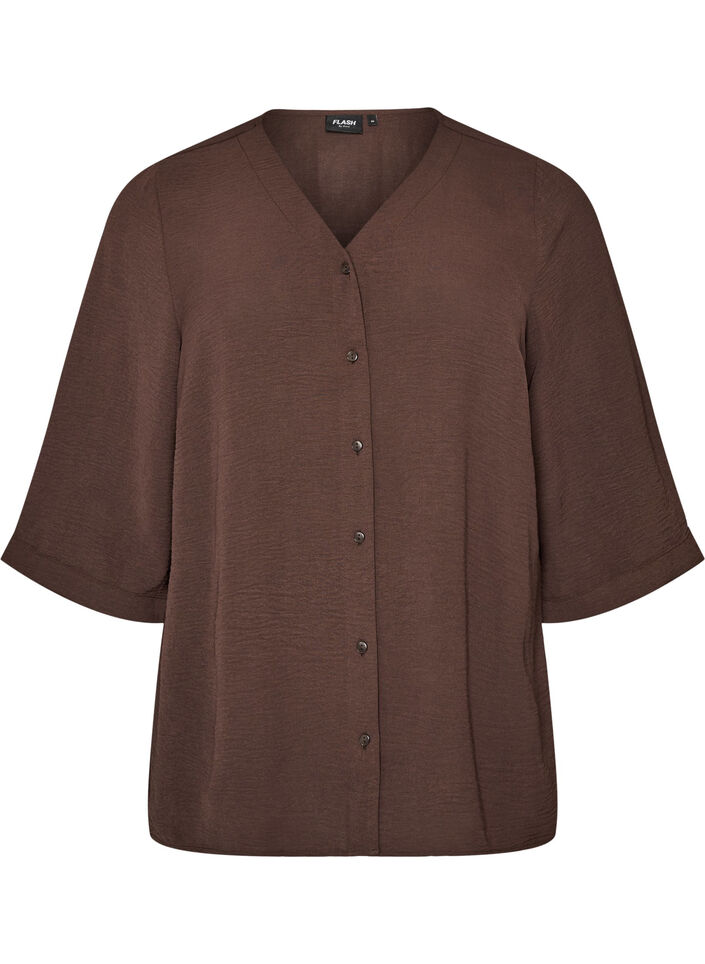Bluse mit V-Ausschnitt und 3/4-&Auml;rmeln, Braun, Packshot image number 0