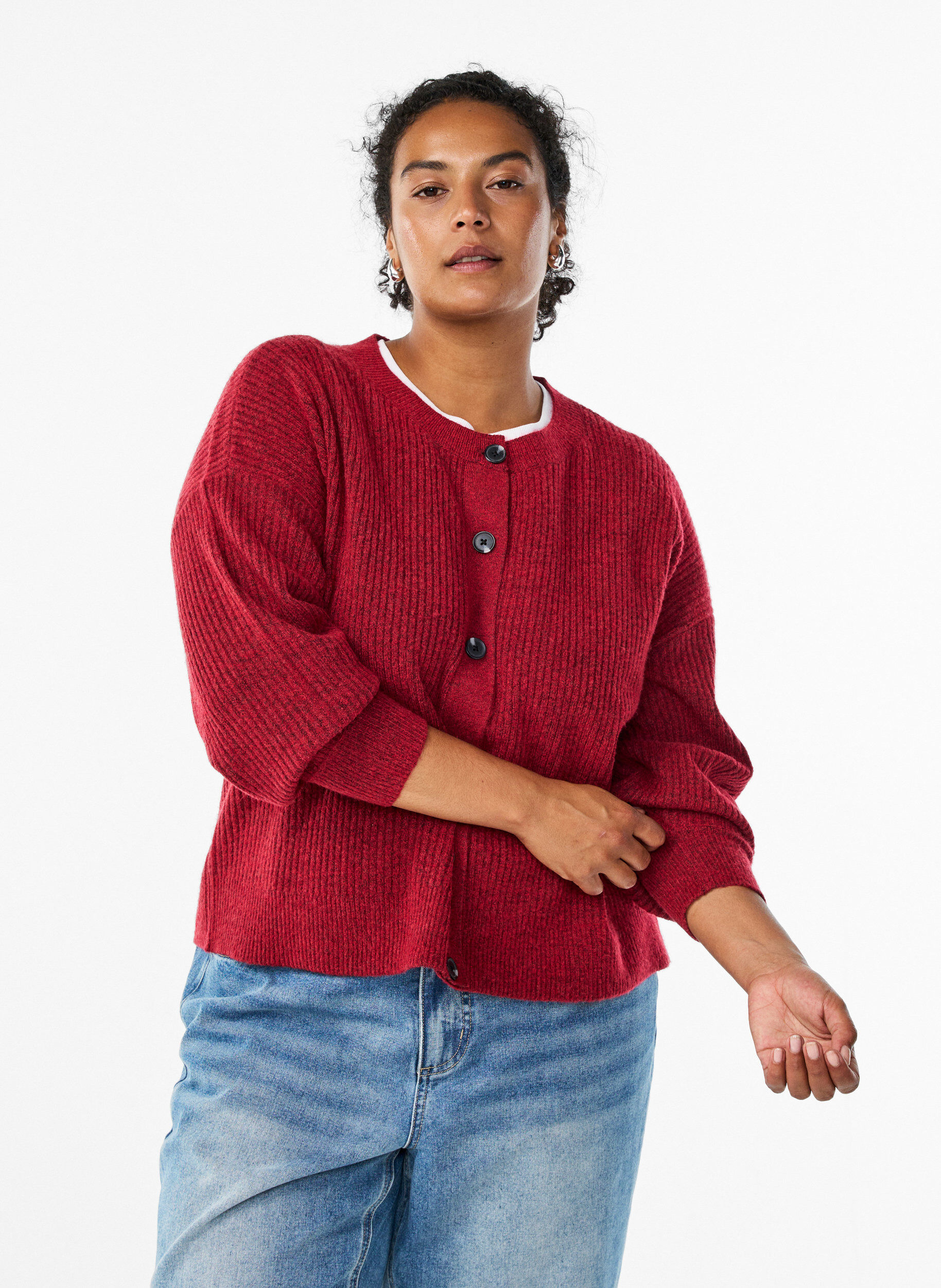 Zizzi Cardigan en tricot c&ocirc;tel&eacute; avec boutons, Rouge, Model image number 0