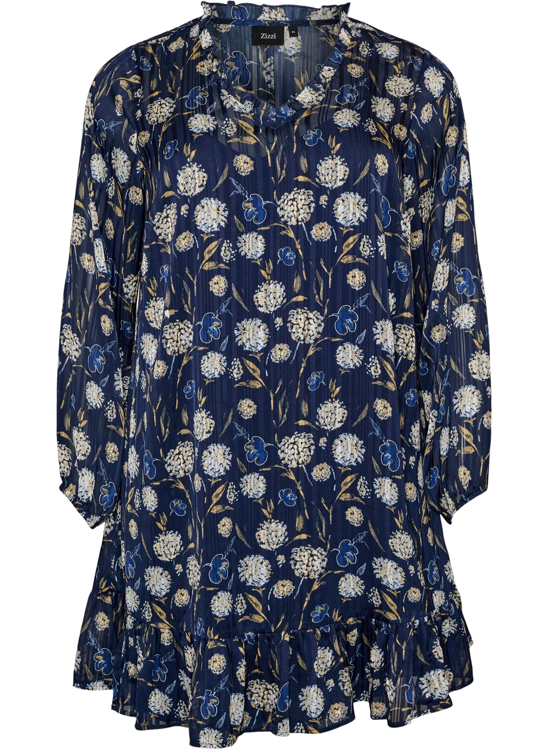 ZizziGemustertes Kleid mit R&uuml;schen und langen &Auml;rmeln, Blau, Packshot image number 0
