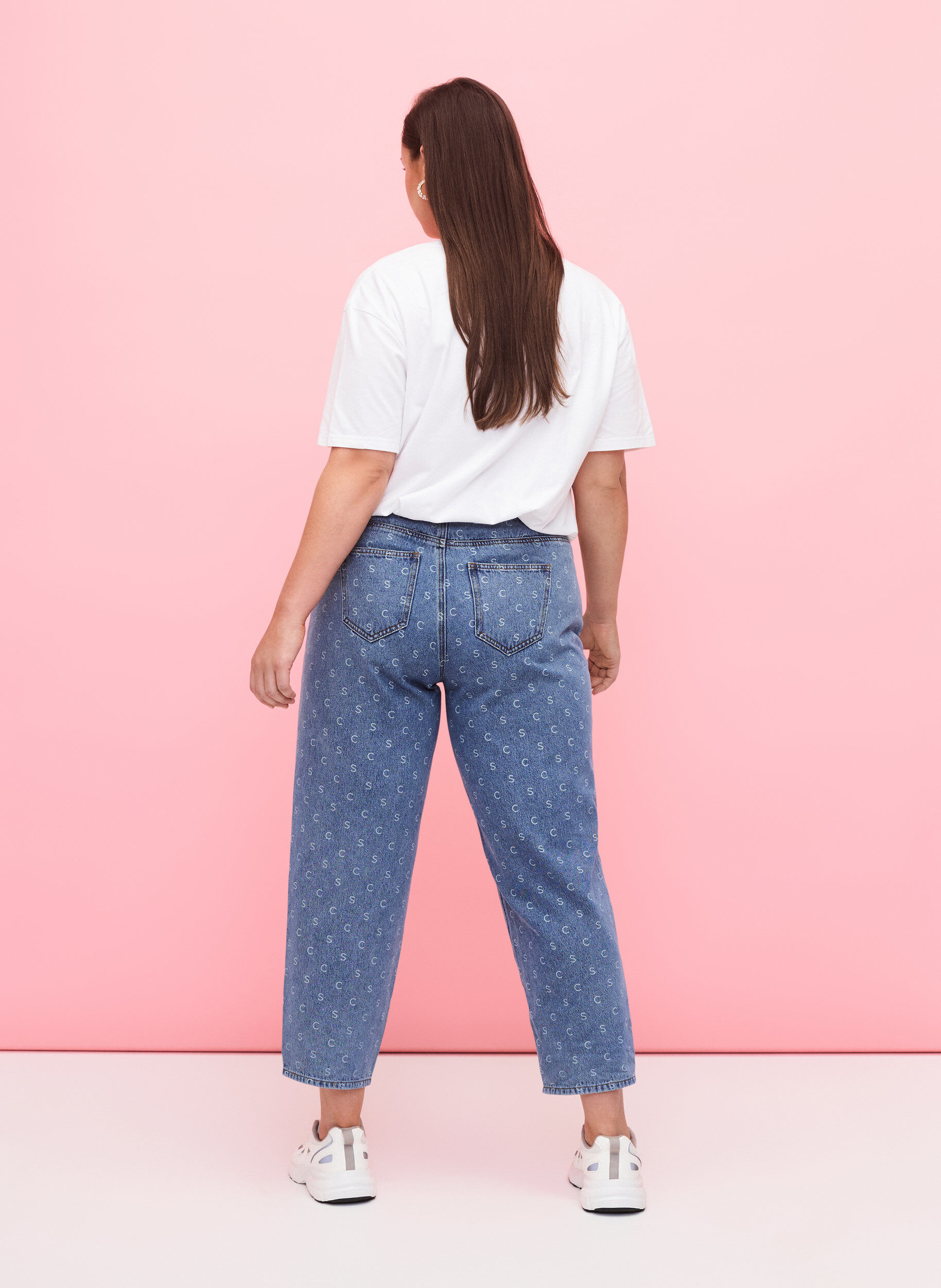 Zizzi Cropped Jeans mit Aufdruck und hoher Taille, Blue denim, Model image number 1