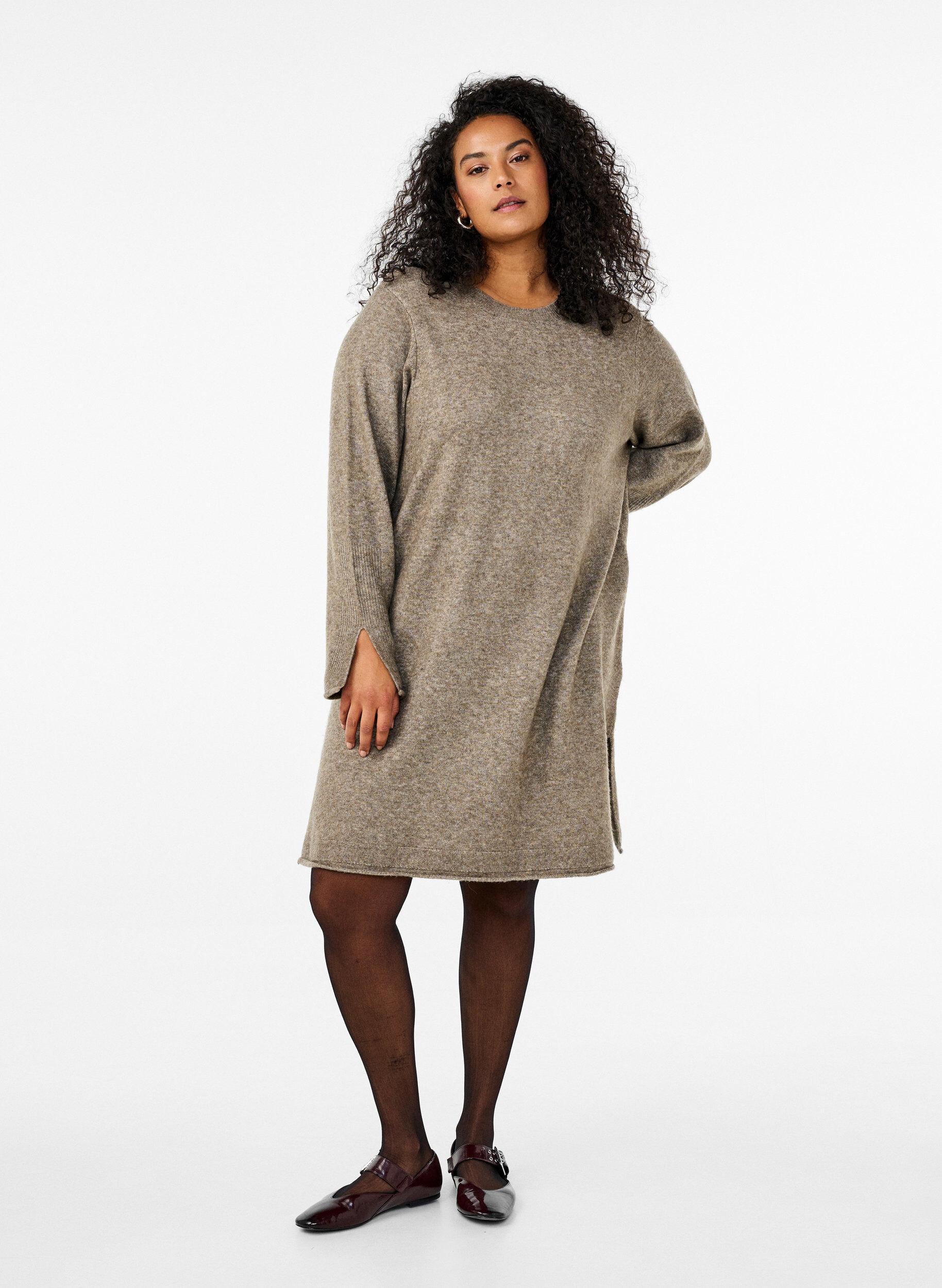 Zizzi Strickkleid mit Schlitzen, Walnut Mel., Model image number 2