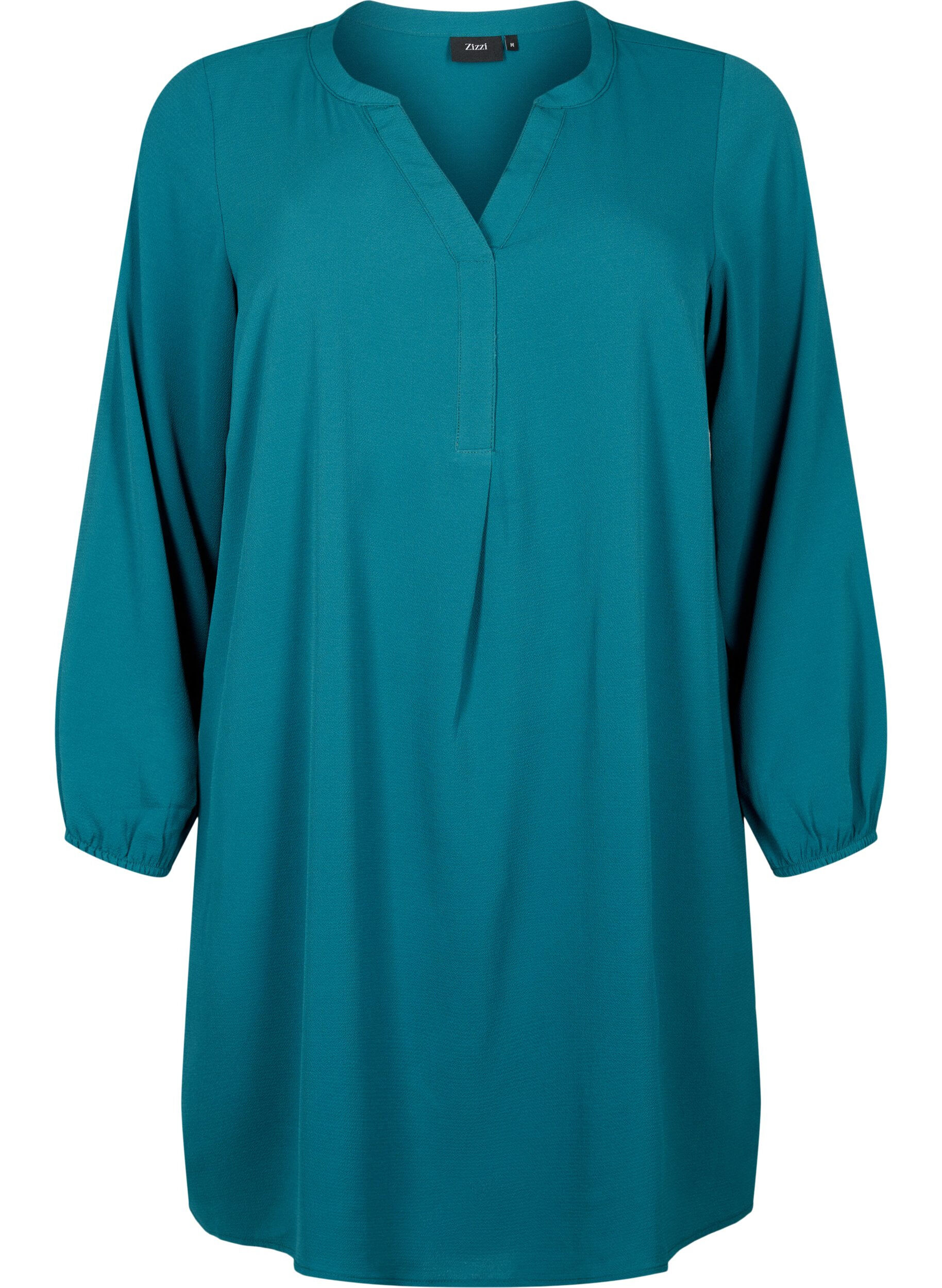 Zizzi Lang&auml;rmeliges Kleid mit V-Ausschnitt., Deep Teal, Packshot image number 0