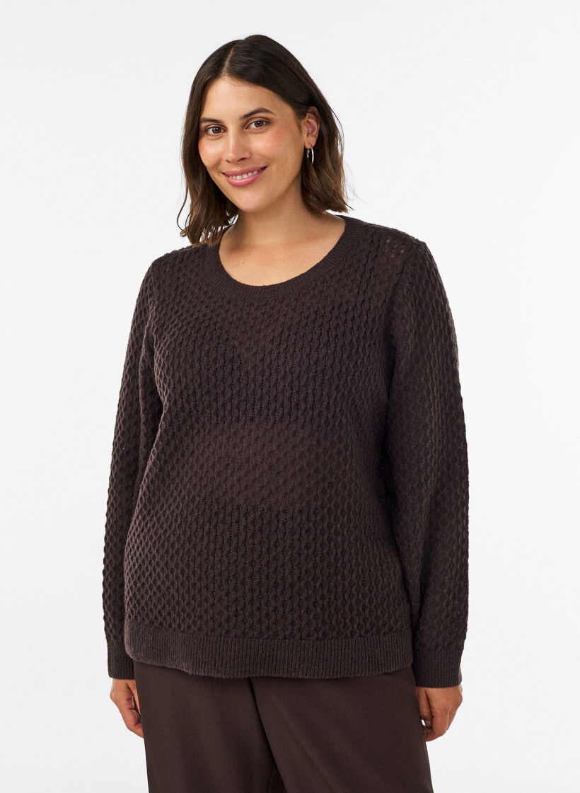 Strickbluse mit strukturiertem Lochmuster, Braun, Model image number 0