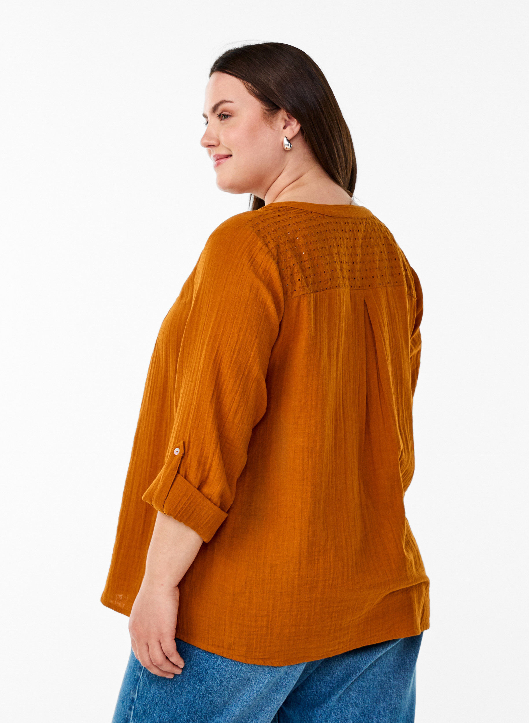 ZizziBlouse en mousseline de coton avec broderie anglaise, Orange, Model image number 2