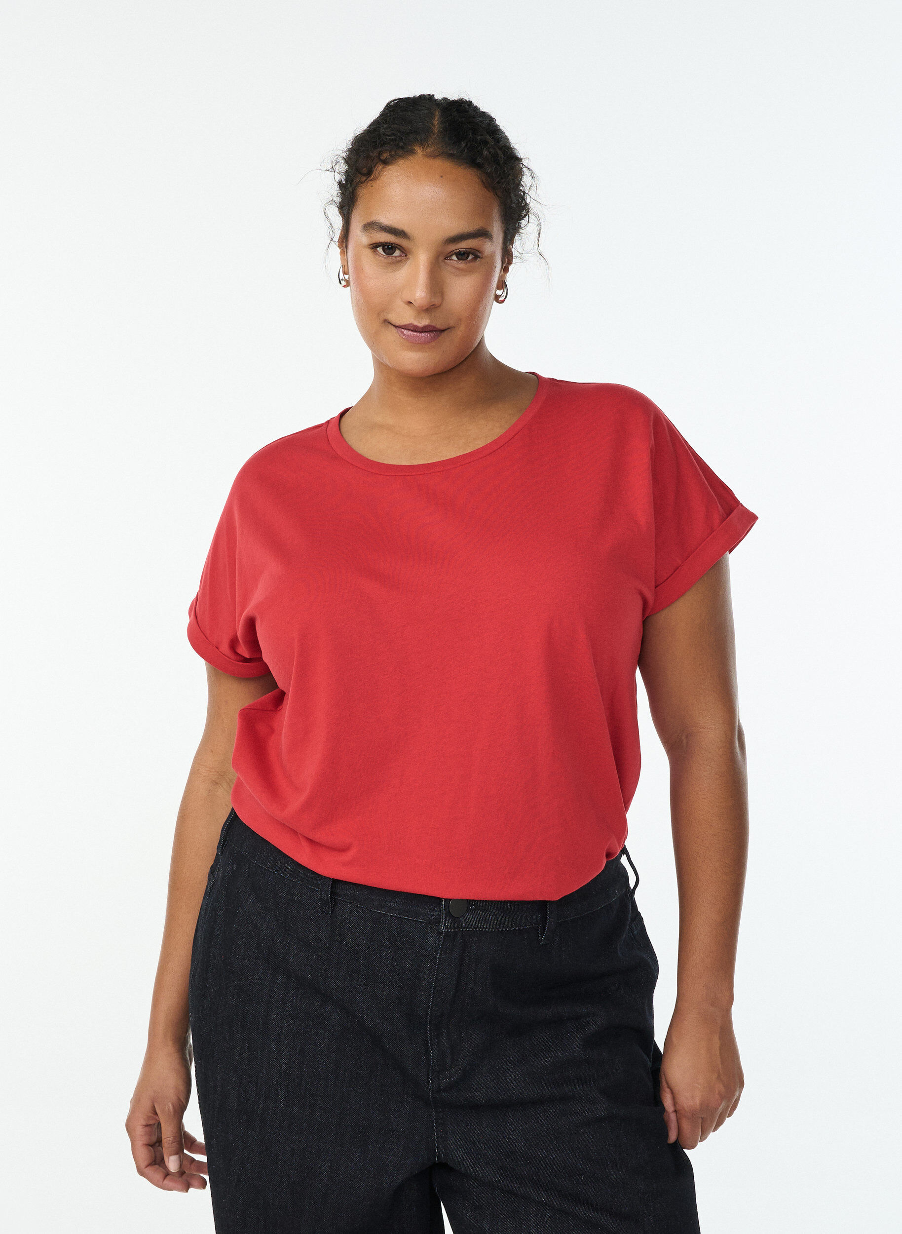 Zizzi Kurz&auml;rmeliges T-Shirt aus Baumwollmischgewebe, Rot, Model image number 0