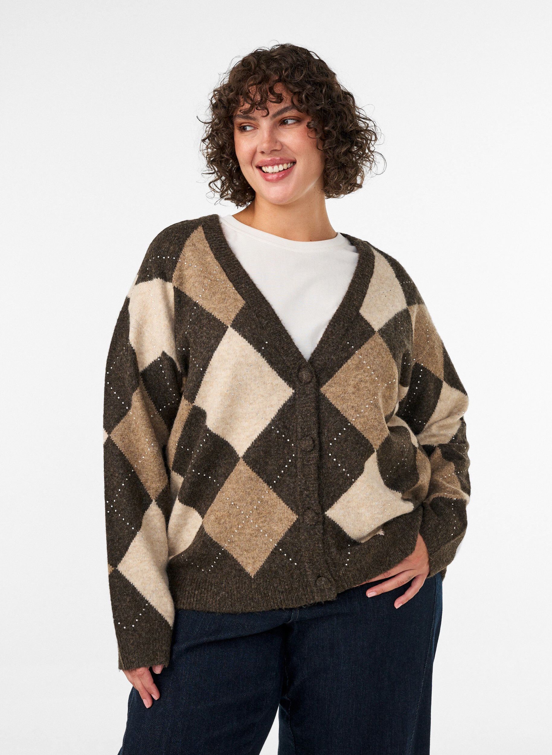 Cardigan argyle avec strass, Marron, Model