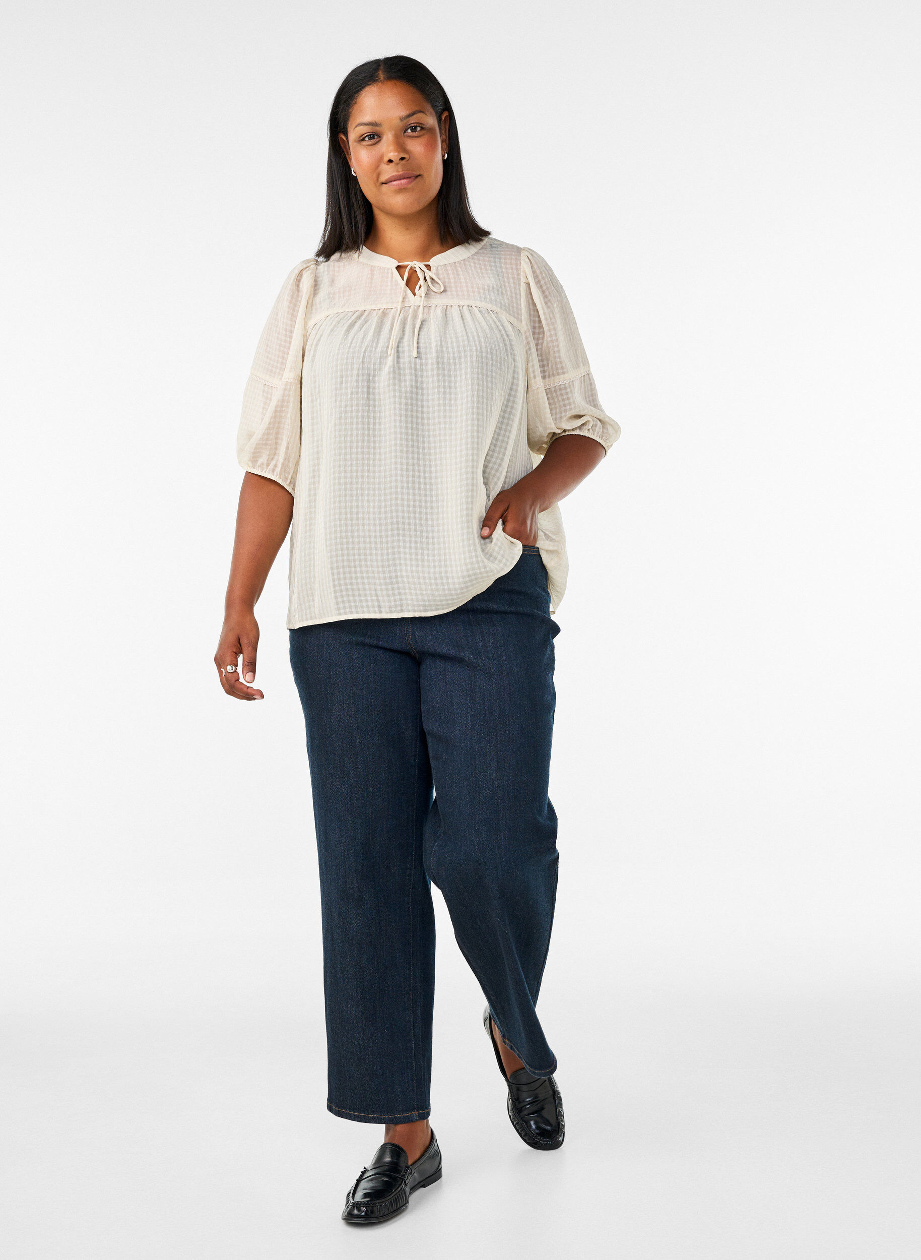 ZizziBluse aus Seersucker mit Bindeband, Beige, Model image number 1