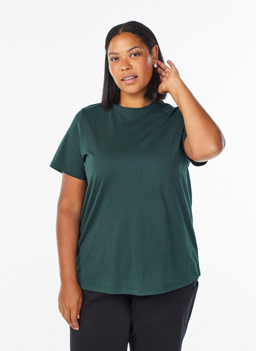T-shirt basique en coton &agrave; col rond, Vert fonc&eacute;, Model image number 0