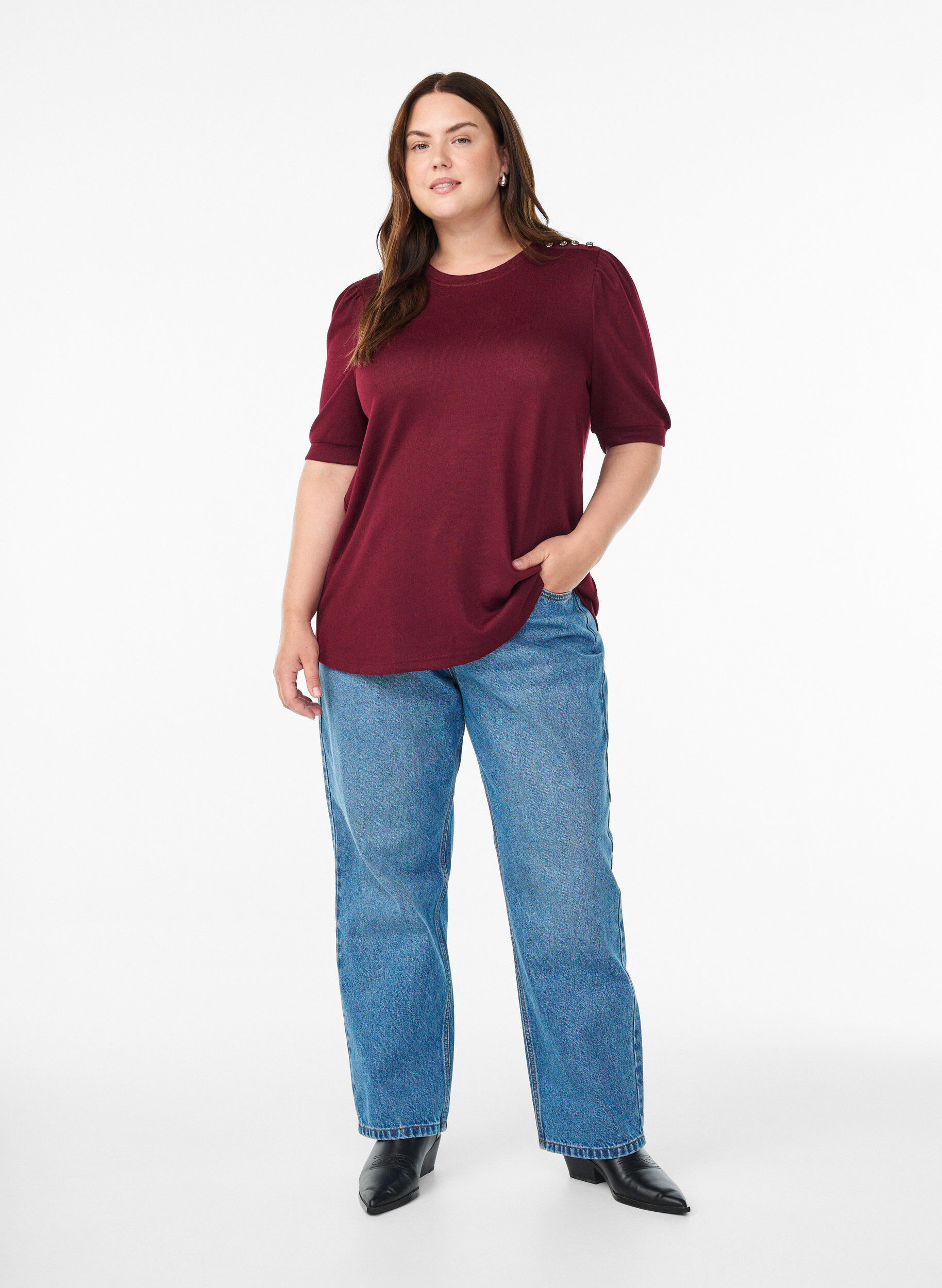 ZizziBluse mit Knopfdetail und kurzen Puff&auml;rmeln, Dunkles Bordeaux, Model image number 1