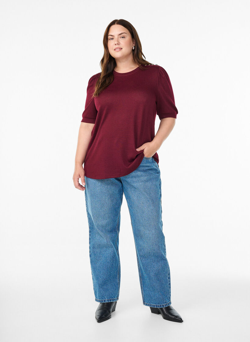 Bluse mit Knopfdetail und kurzen Puff&auml;rmeln, Dunkles Bordeaux, Model image number 1