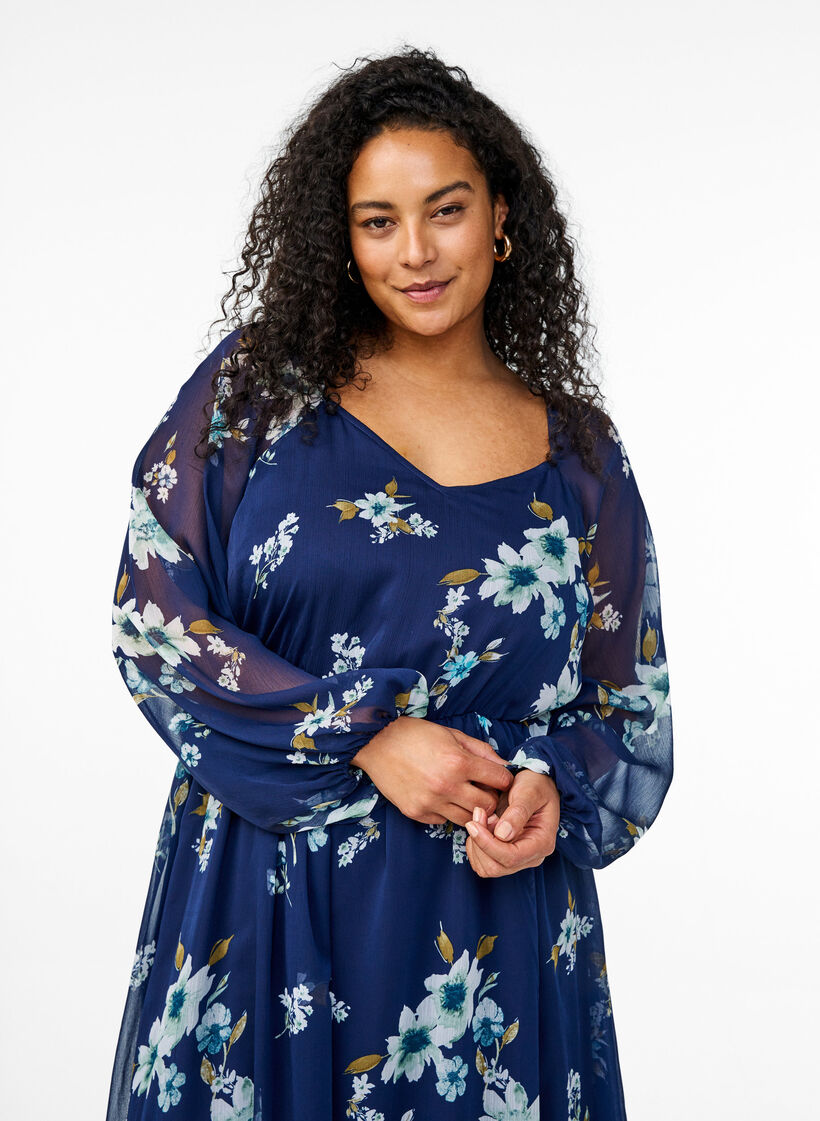 Robe de soir&eacute;e en mousseline &agrave; manches longues, Bleu, Model image number 3
