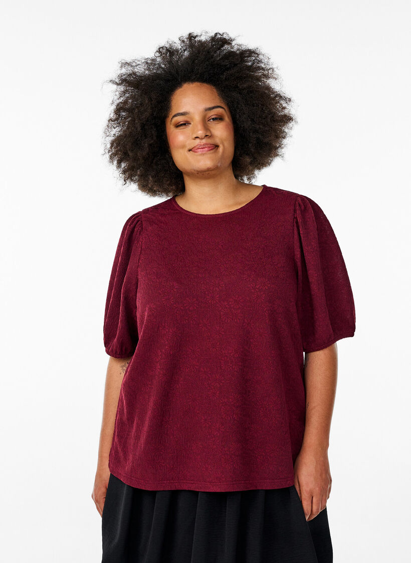 Strukturierte Bluse mit kurzen &Auml;rmeln, Dunkles Bordeaux, Model image number 0