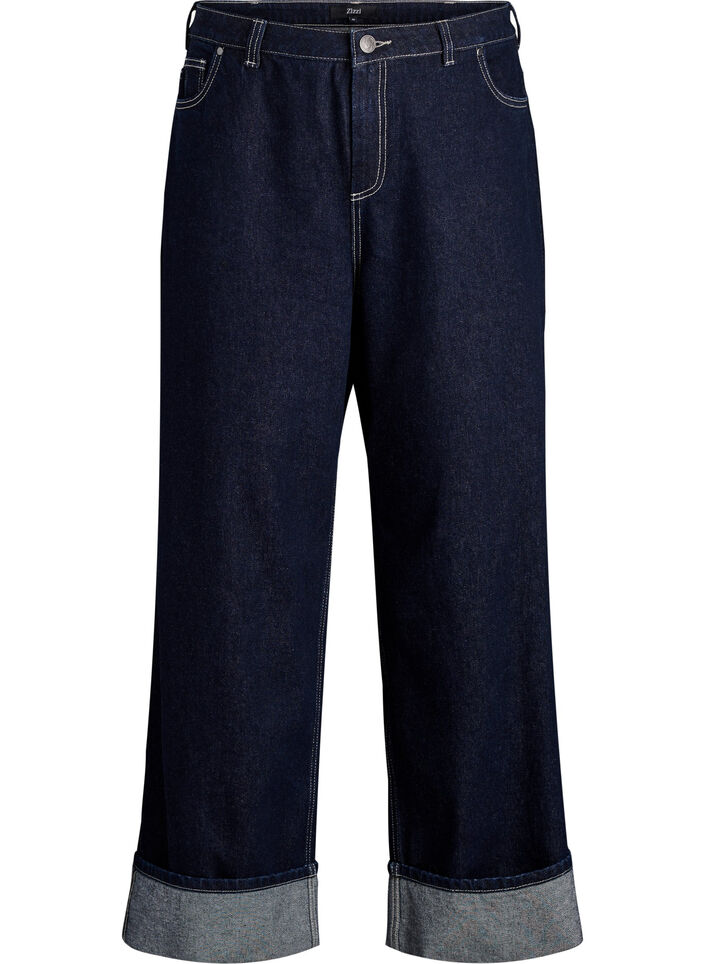 Jean coupe large avec de larges revers et surpiq&ucirc;res contrastantes, Bleu, Packshot image number 0