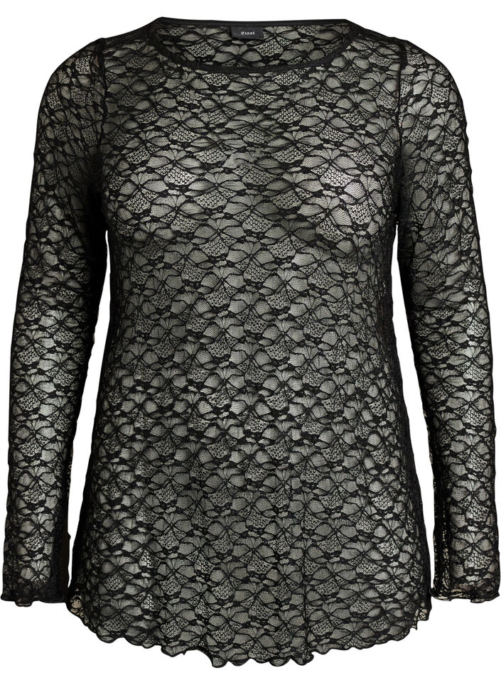 Blouse en dentelle transparente avec manches longues, Noir, Packshot image number 0