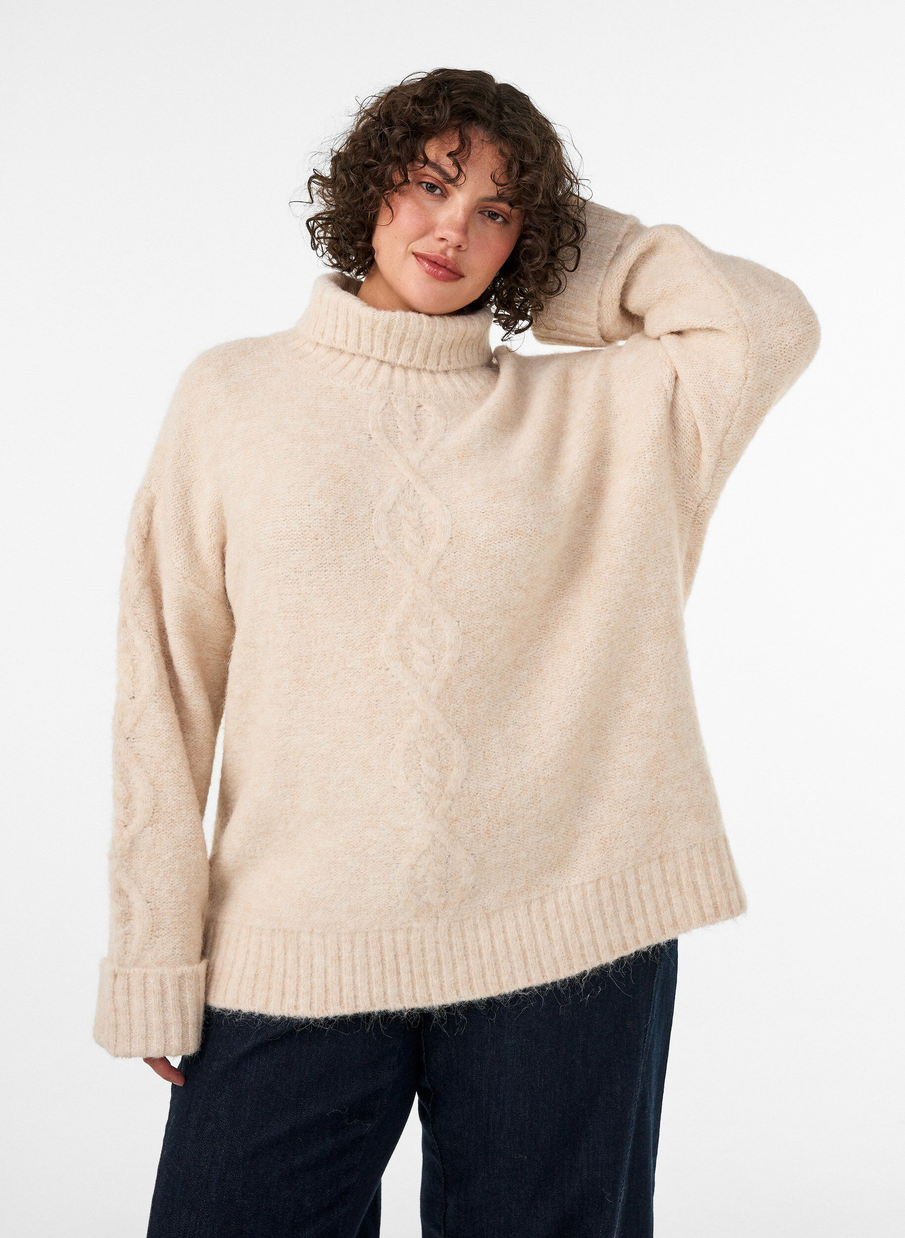 ZizziPullover mit Rollkragen und Zopfmuster, Vanille, Model image number 0