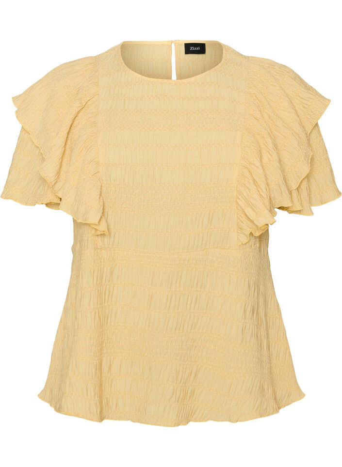 Bluse mit gesmokter Textur und R&uuml;schen&auml;rmeln, Gelb, Packshot image number 0