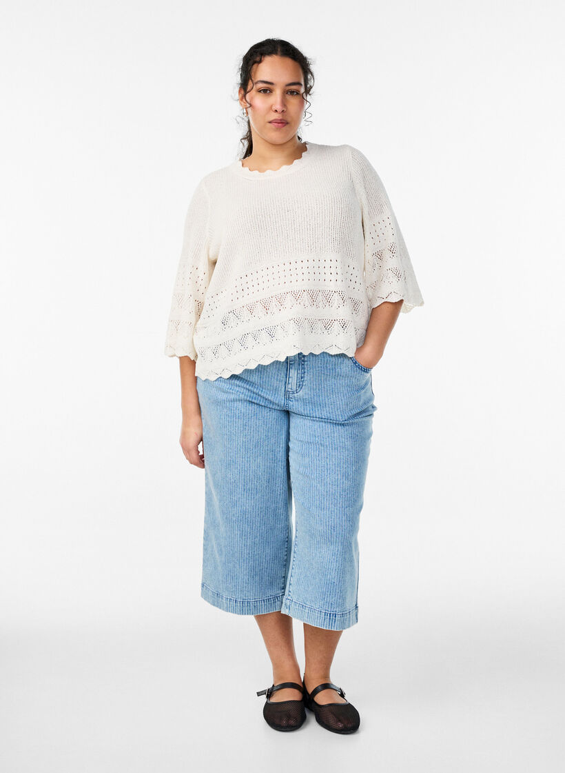 Strickbluse mit Lochstickerei und 1/2-&Auml;rmeln, Vanille, Model image number 1