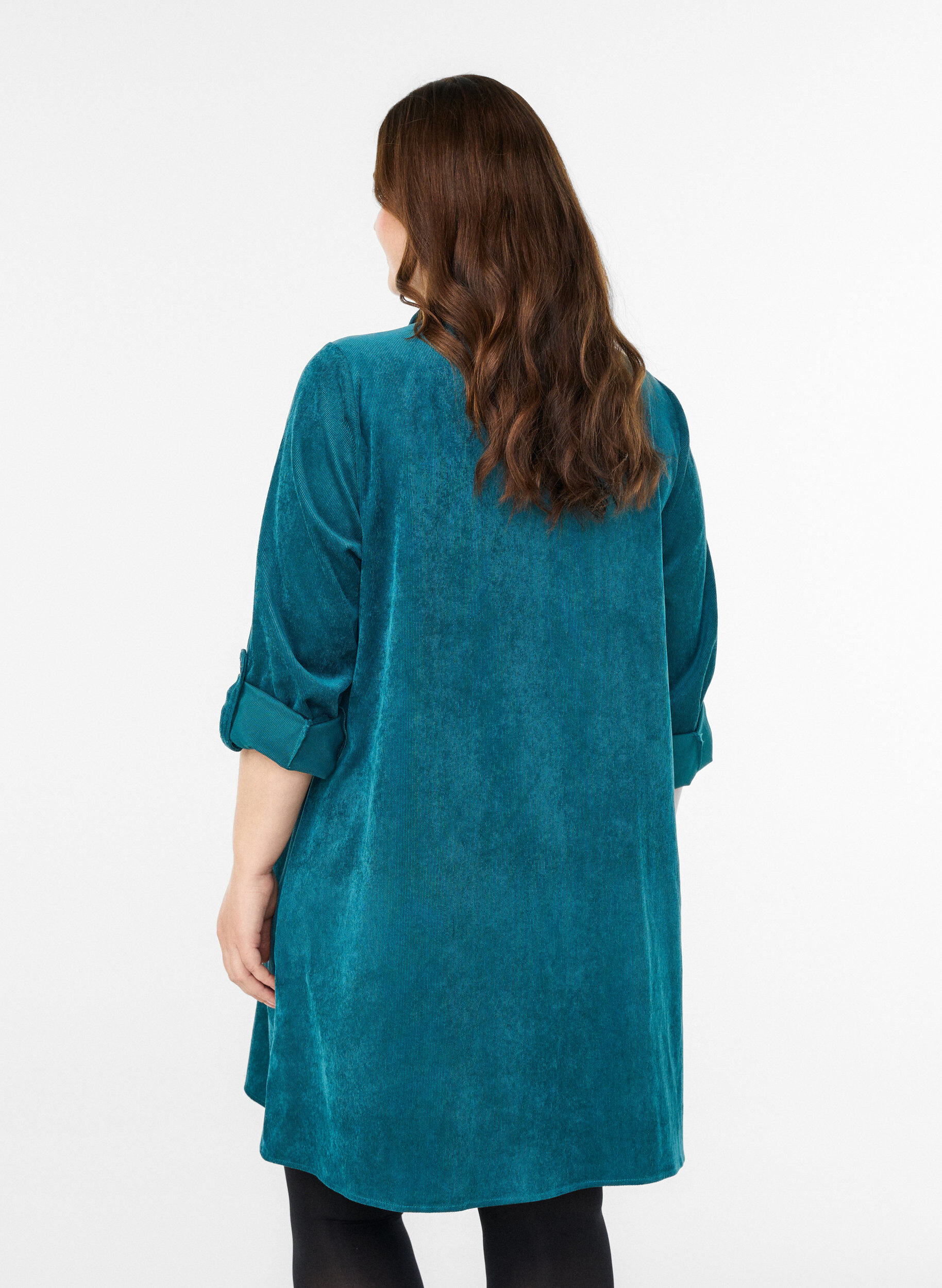 ZizziRobe en velours c&ocirc;tel&eacute; avec zip et manches 3/4, Vert fonc&eacute;, Model image number 2