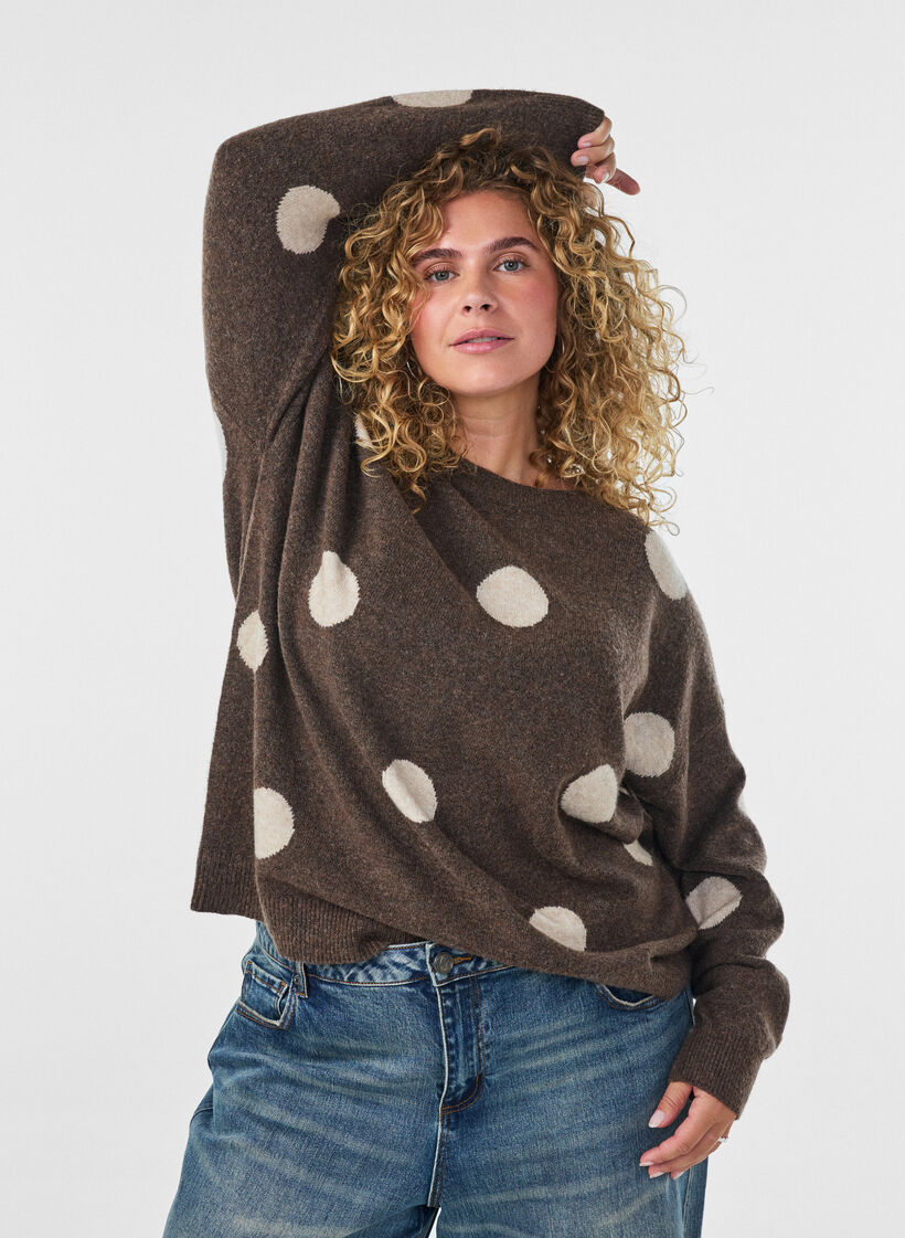 Blouse en maille &agrave; pois, Marron, Model image number 0