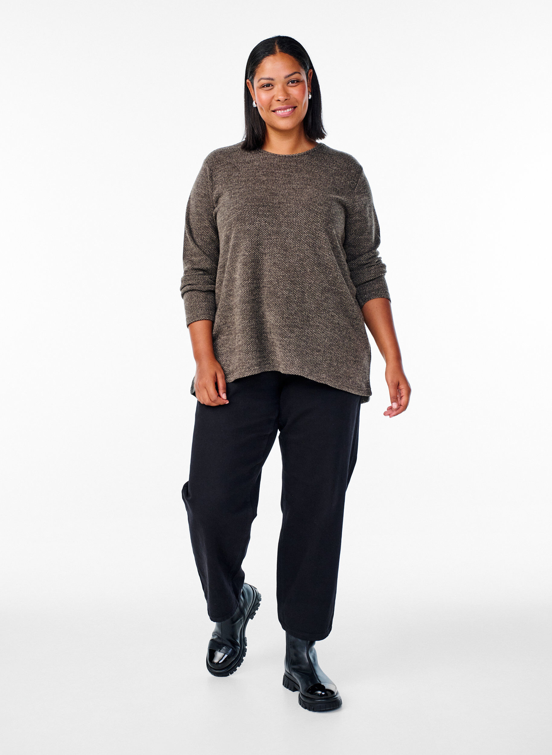 Zizzi Lang&auml;rmelige Bluse mit Struktur, Braun, Model image number 1