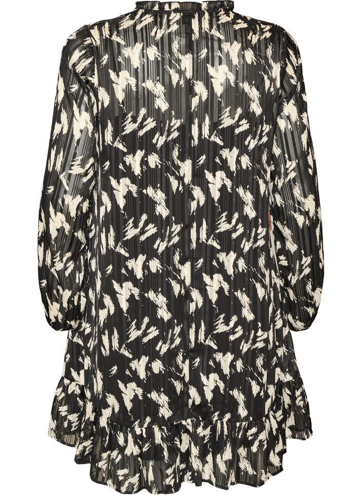 Gemustertes Kleid mit R&uuml;schen und langen &Auml;rmeln, Schwarz, Packshot image number 1
