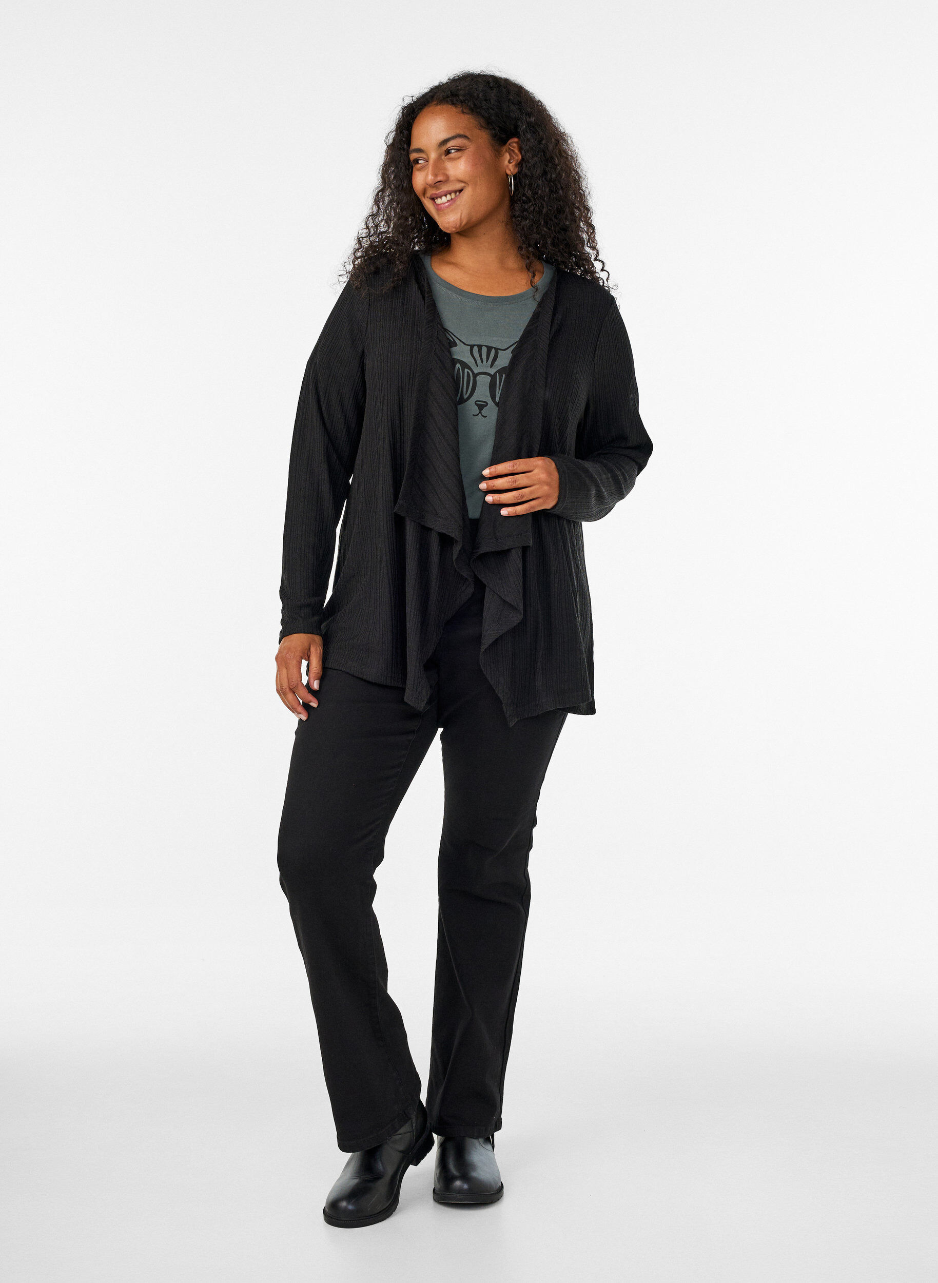 ZizziOffener Cardigan aus strukturiertem Jersey, Schwarz, Model image number 1