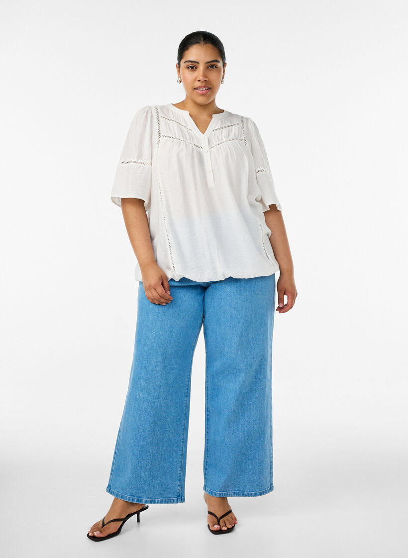 Blouse en viscose avec nervures et effet ballon, Vanille, Model image number 1