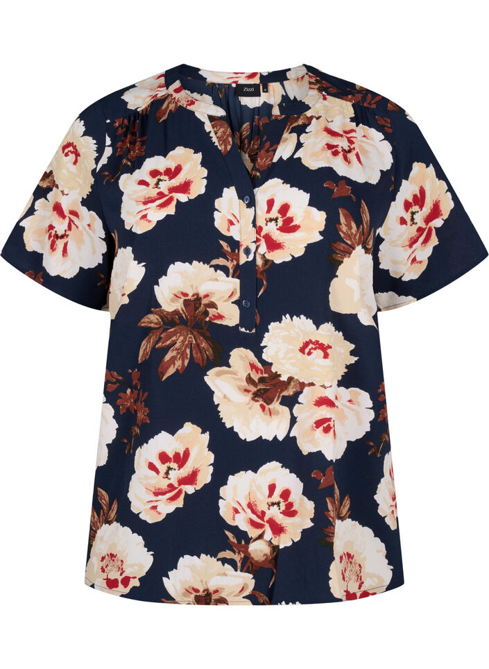 Blouse &agrave; manches courtes et encolure en V , Bleu, Packshot image number 0