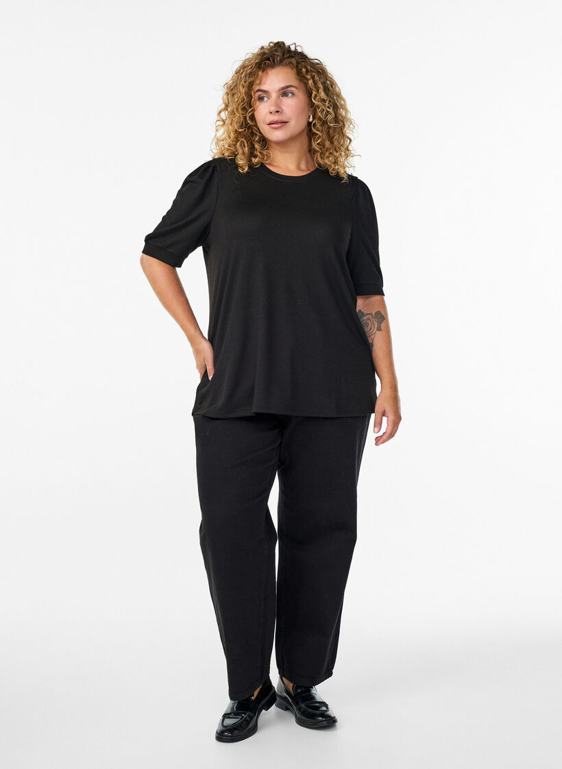 Bluse mit Knopfdetail und kurzen Puffärmeln, Schwarz, Model image number 1