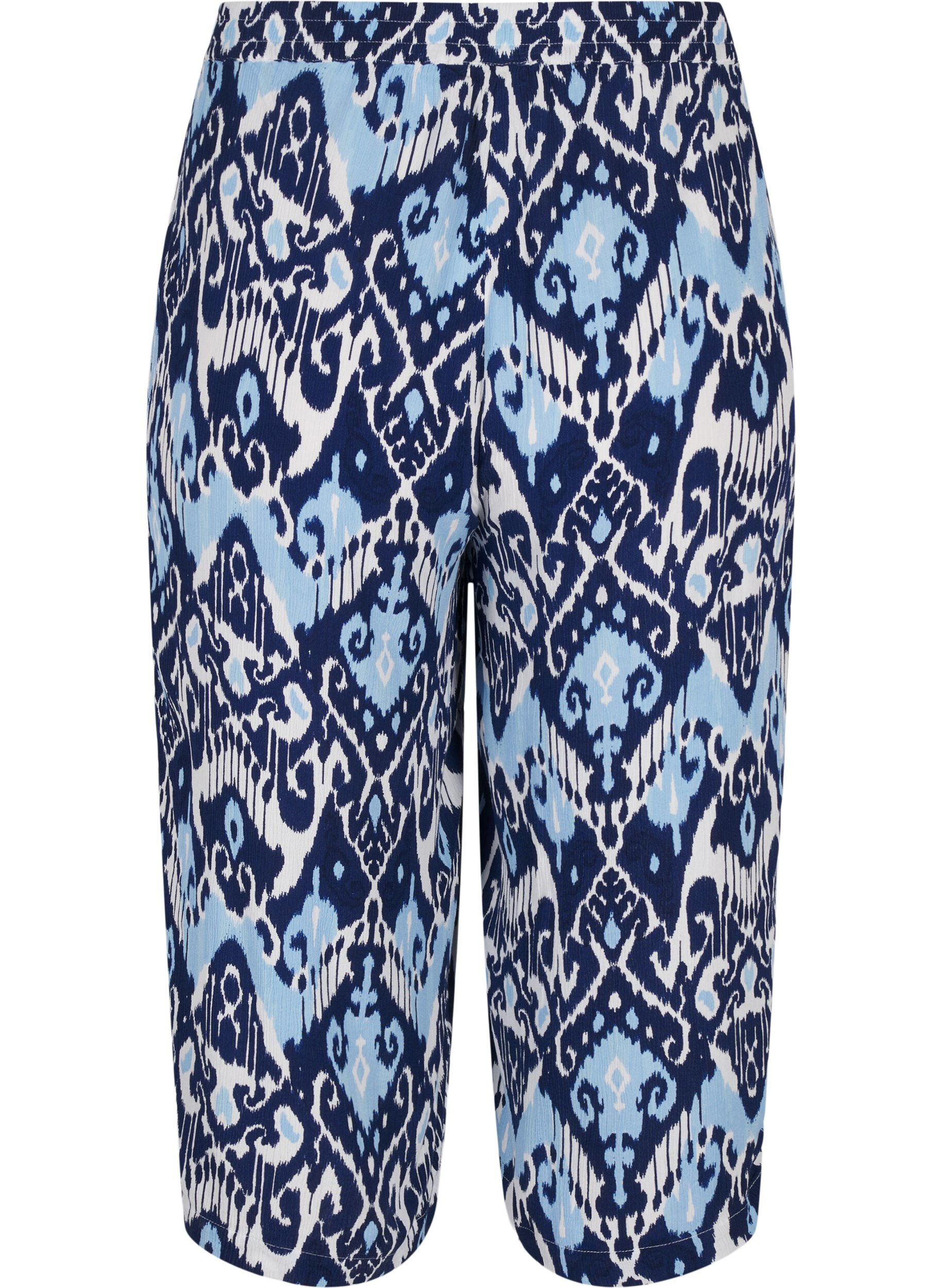 Zizzi Pantalon culotte en viscose avec imprim&eacute;, Blue Ethnic AOP, Packshot image number 1
